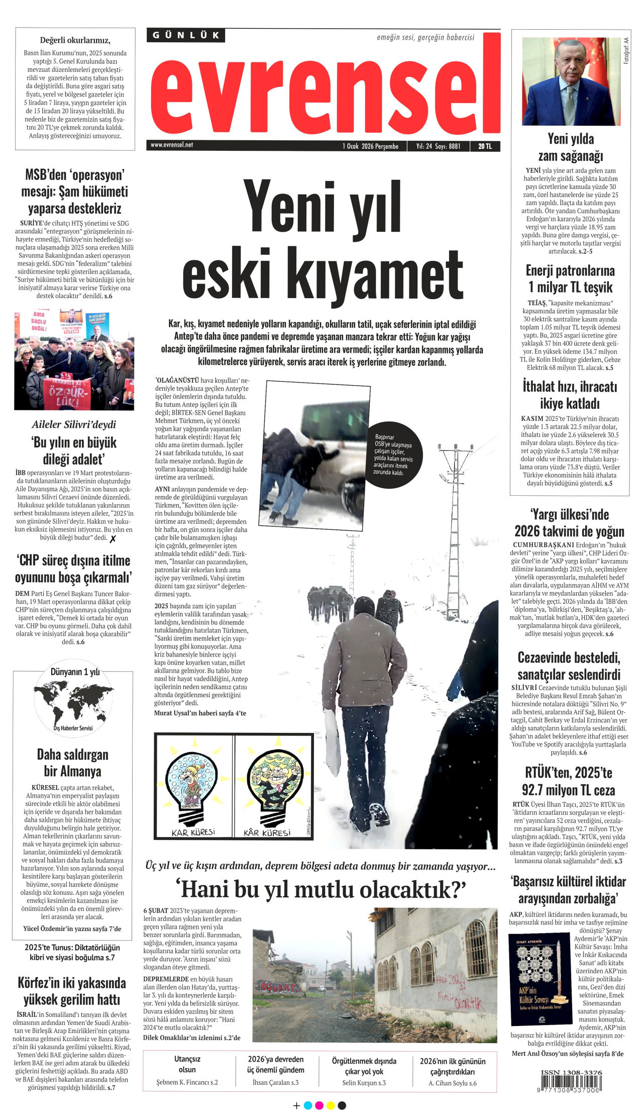 EVRENSEL gazetesinin 1 Ocak 2026 tarihli birinci sayfası