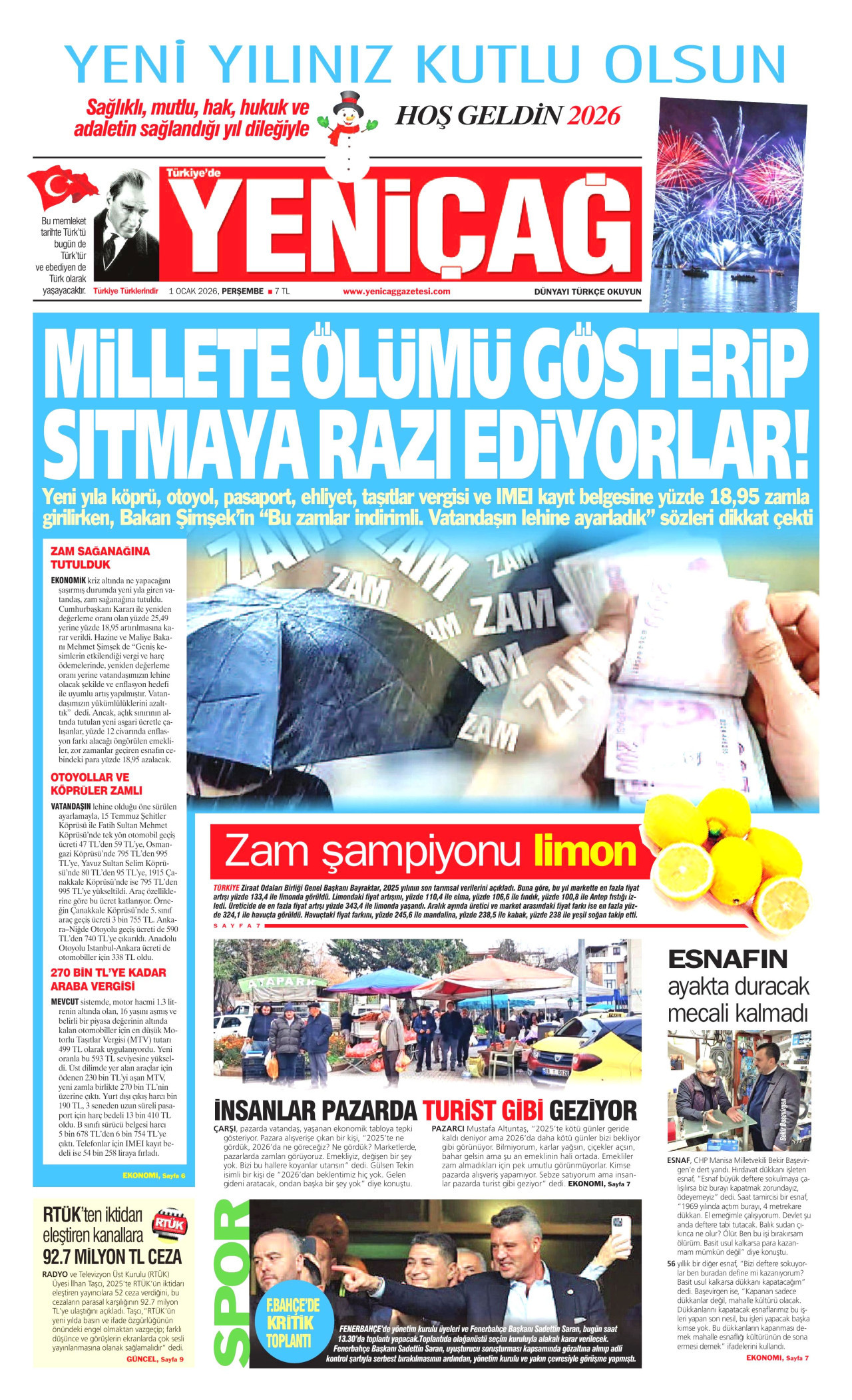 YENİÇAĞ gazetesinin 1 Ocak 2026 tarihli birinci sayfası