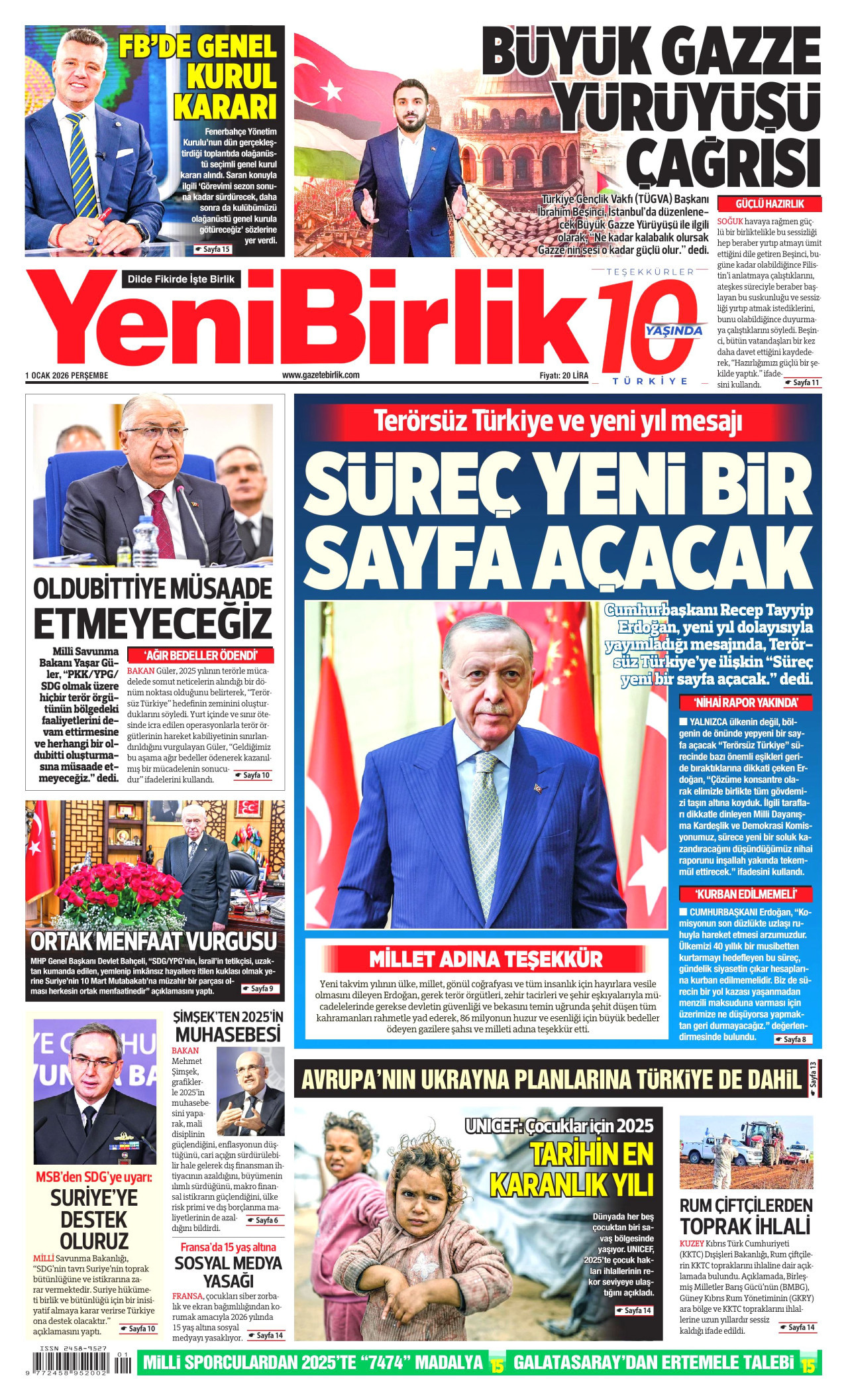 YENİBİRLİK gazetesinin 1 Ocak 2026 tarihli birinci sayfası