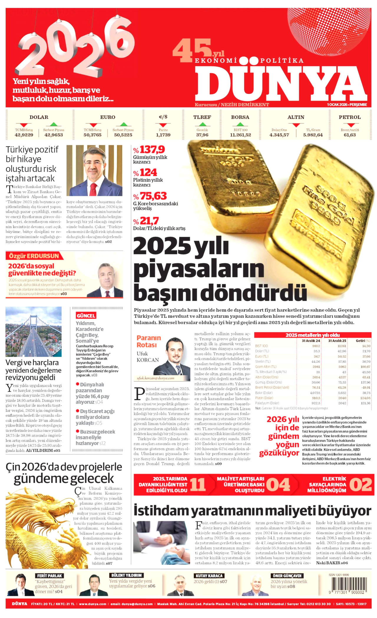 DÜNYA gazetesinin 1 Ocak 2026 tarihli birinci sayfası