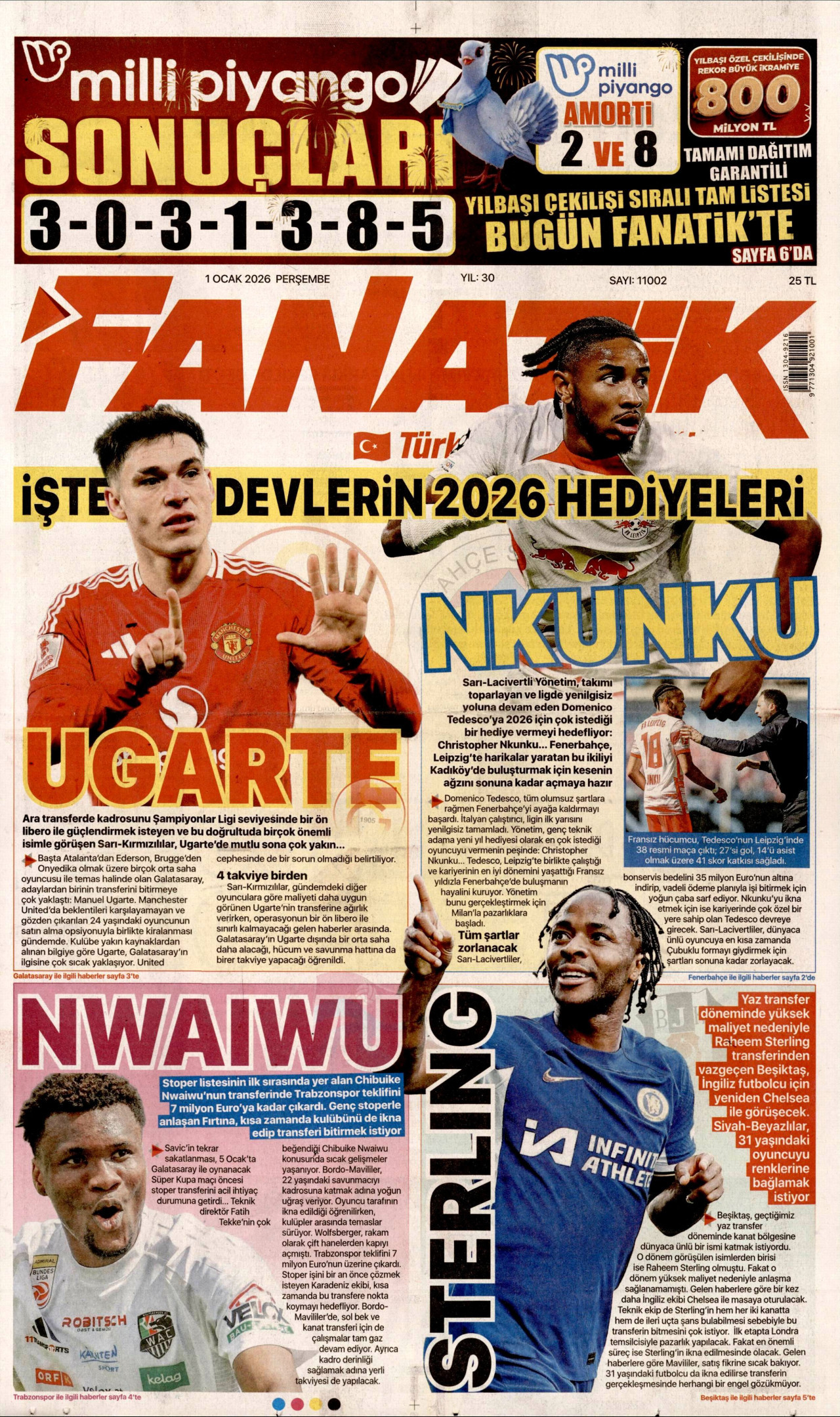 FANATİK gazetesinin 1 Ocak 2026 tarihli birinci sayfası