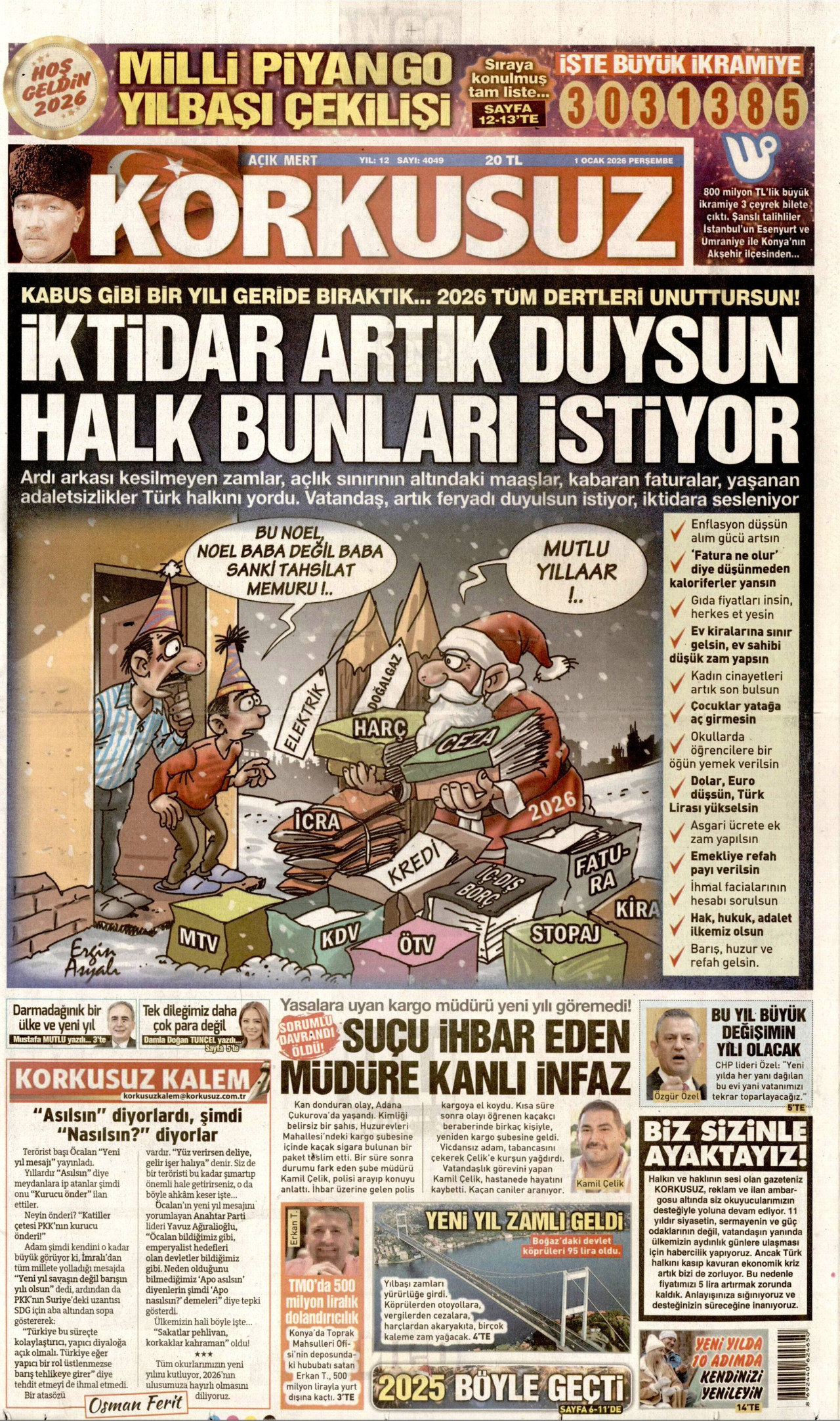 KORKUSUZ gazetesinin 1 Ocak 2026 tarihli birinci sayfası