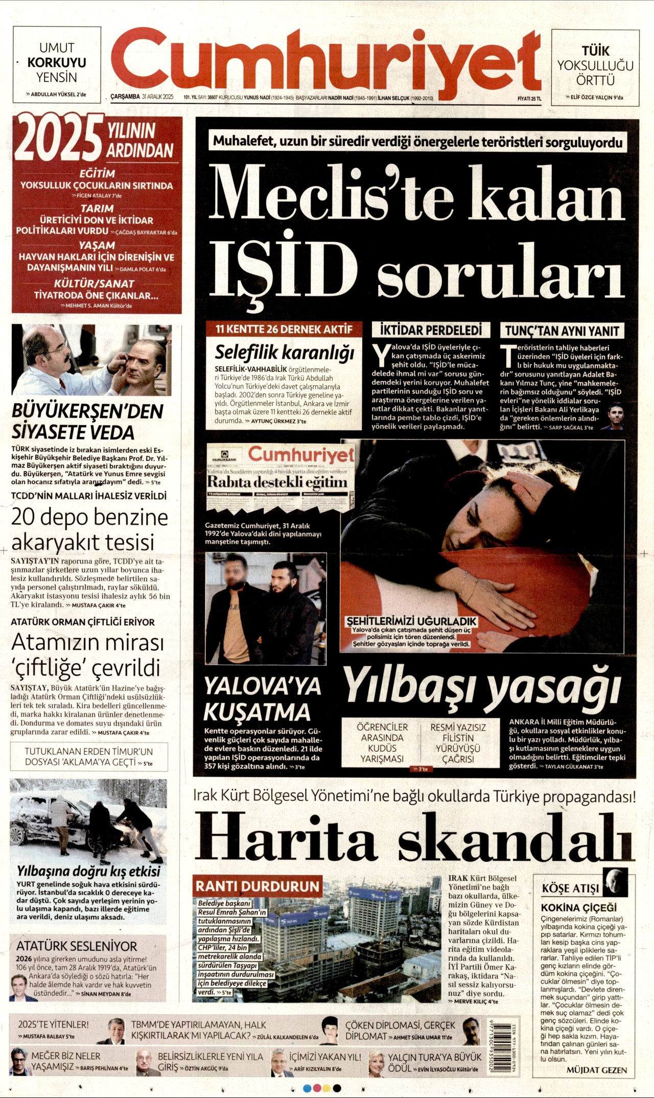 CUMHURİYET gazetesinin 31 Aralık 2025 tarihli birinci sayfası