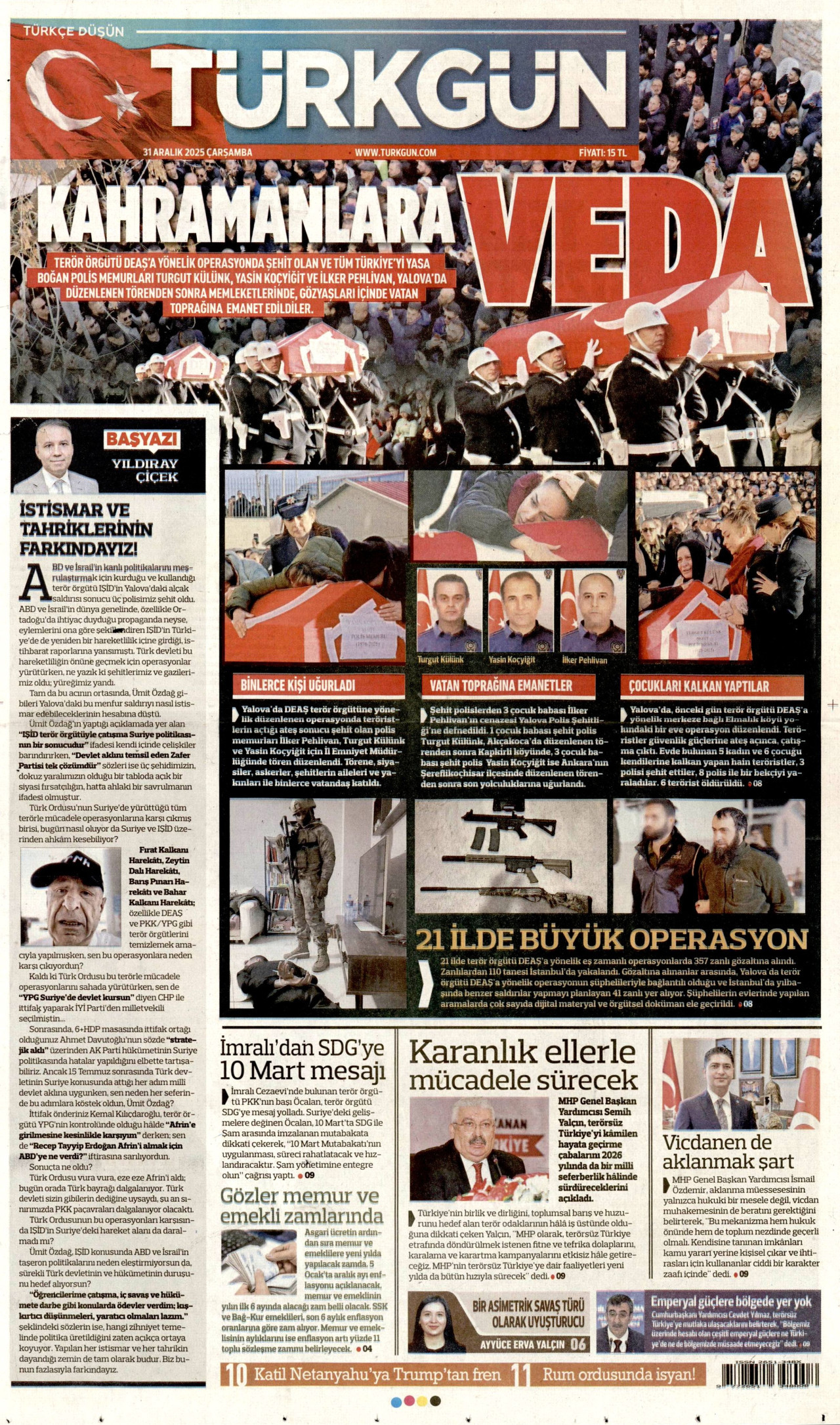 TÜRKGÜN gazetesinin 31 Aralık 2025 tarihli birinci sayfası