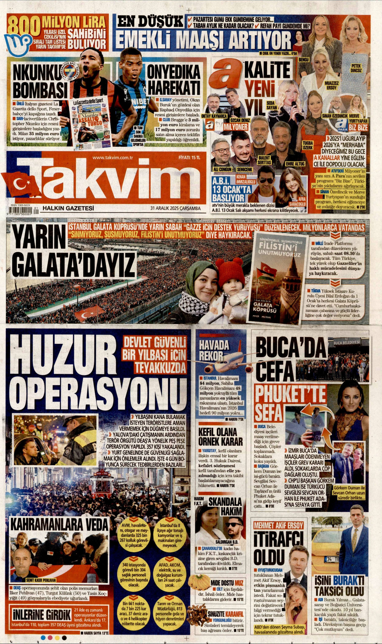 TAKVİM gazetesinin 31 Aralık 2025 tarihli birinci sayfası