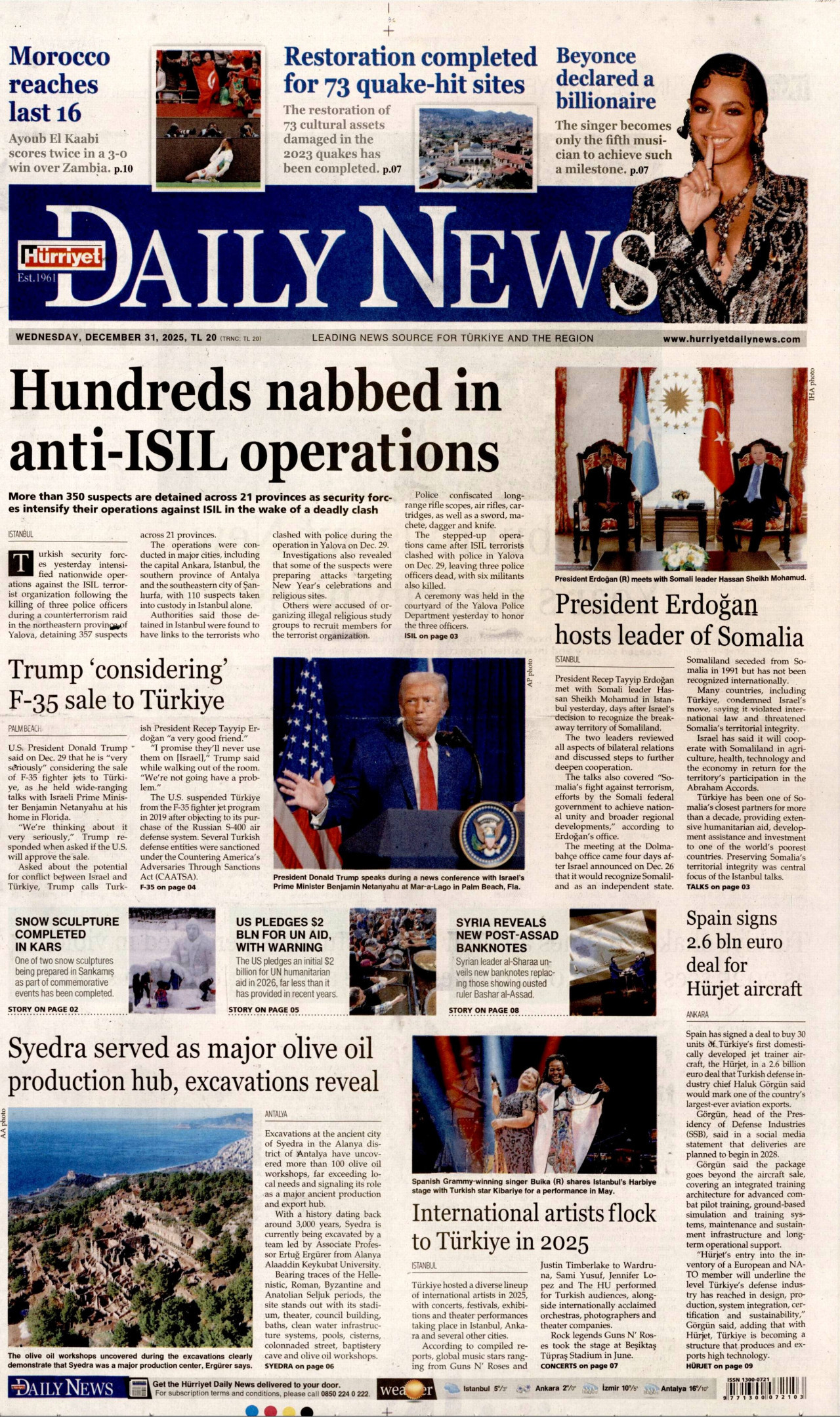 HÜRRİYET DAİLY NEWS gazetesinin 31 Aralık 2025 tarihli birinci sayfası