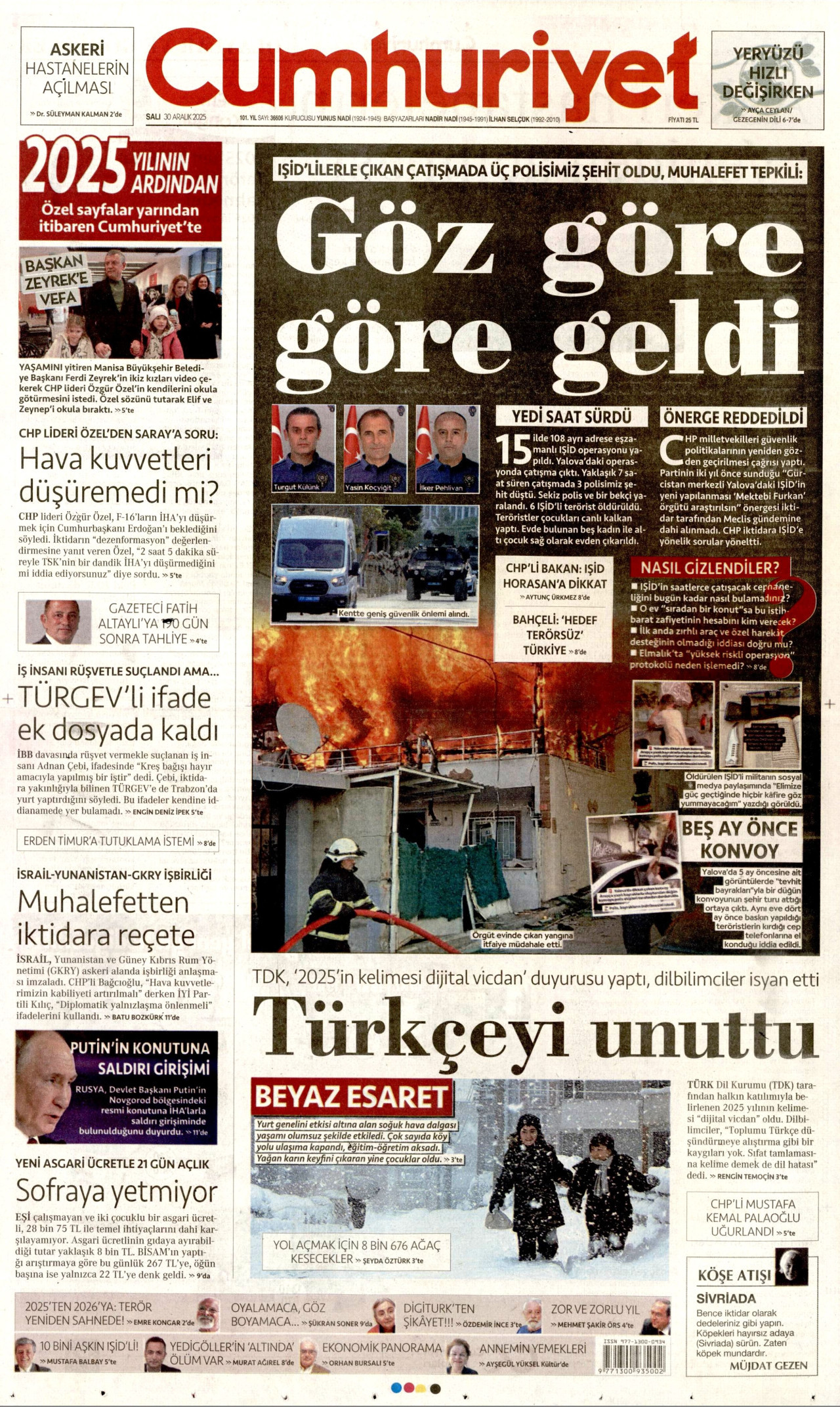 CUMHURİYET gazetesinin 30 Aralık 2025 tarihli birinci sayfası