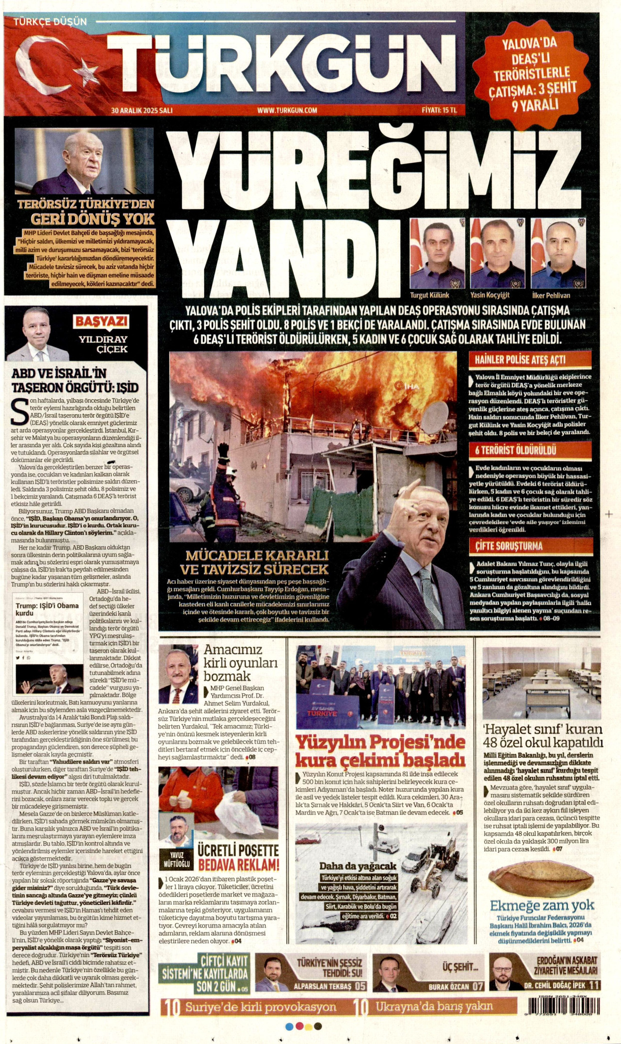 TÜRKGÜN gazetesinin 30 Aralık 2025 tarihli birinci sayfası