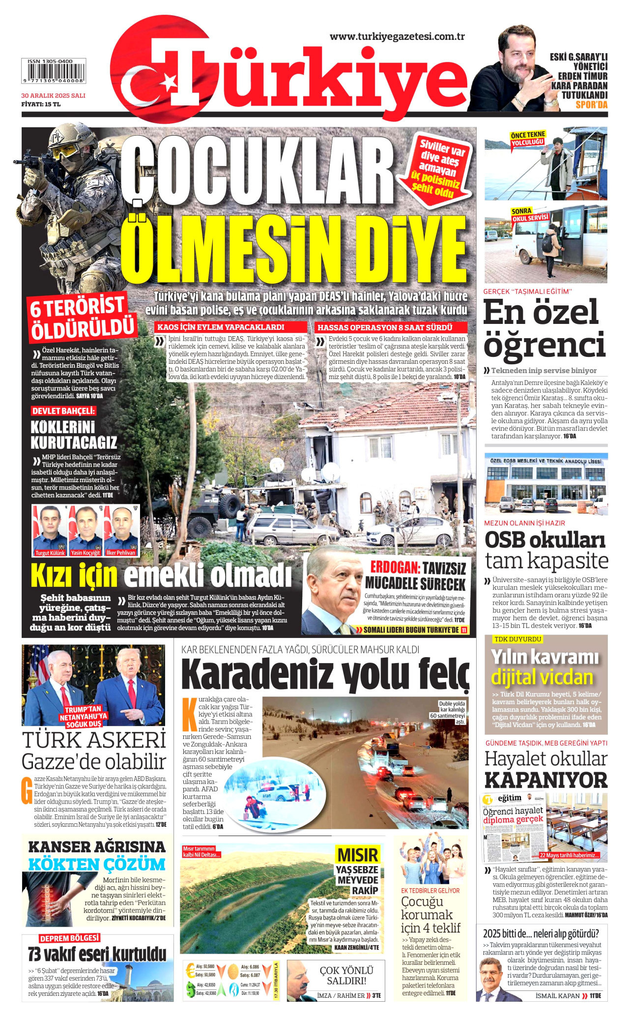 TÜRKİYE GAZETESİ gazetesinin 30 Aralık 2025 tarihli birinci sayfası