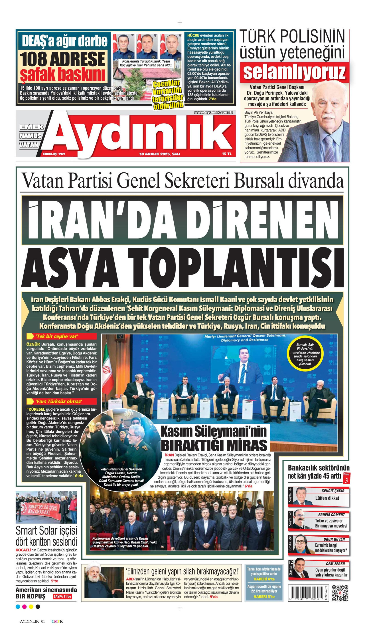 AYDINLIK GAZETESİ gazetesinin 30 Aralık 2025 tarihli birinci sayfası