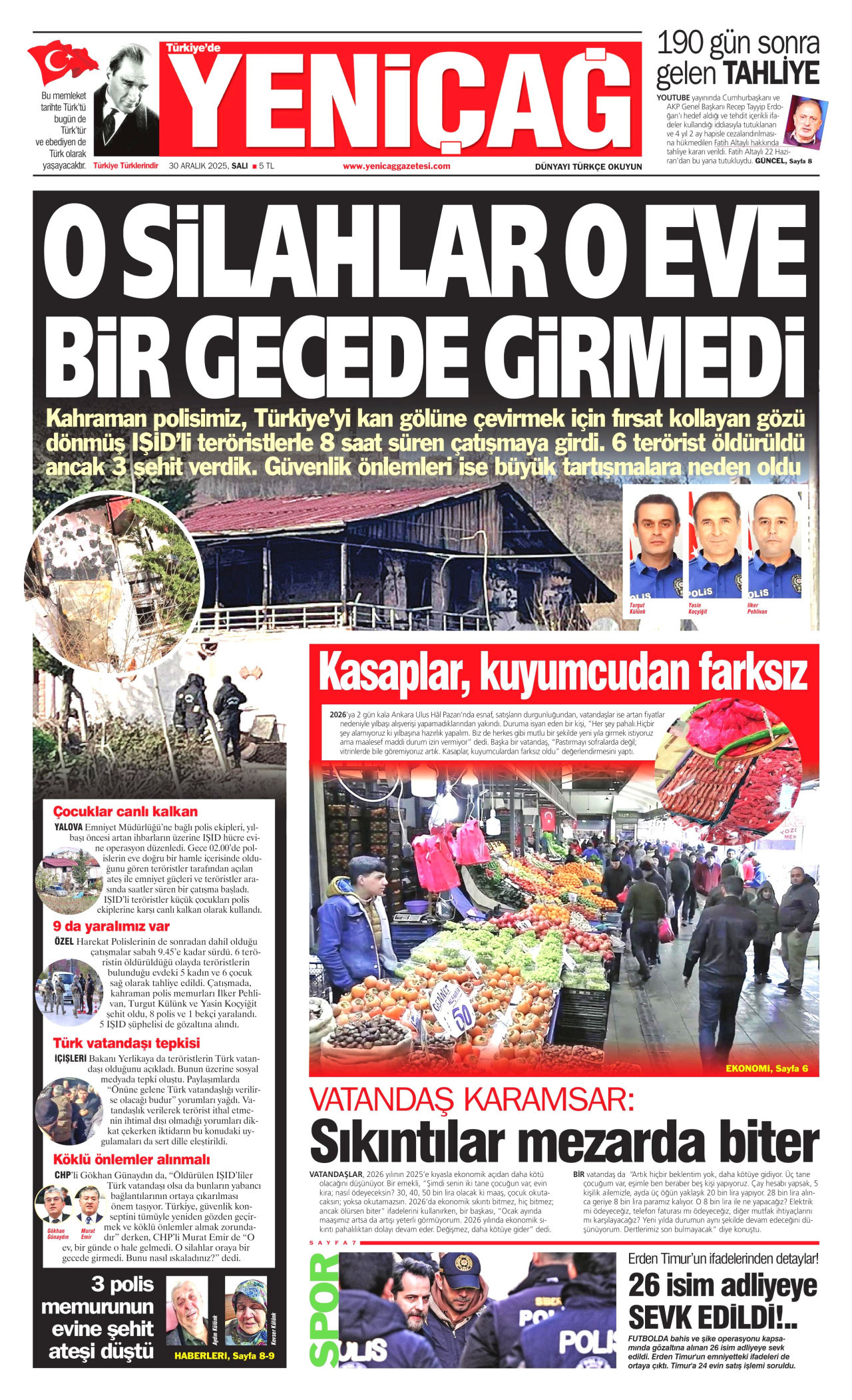 YENİÇAĞ gazetesinin 30 Aralık 2025 tarihli birinci sayfası
