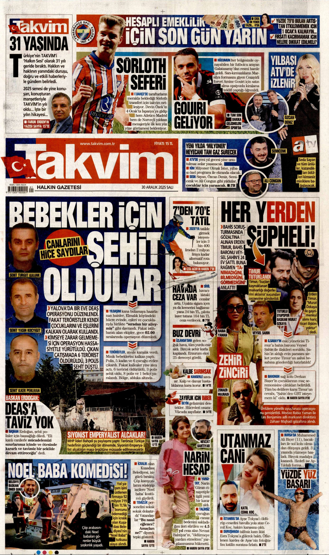 TAKVİM gazetesinin 30 Aralık 2025 tarihli birinci sayfası