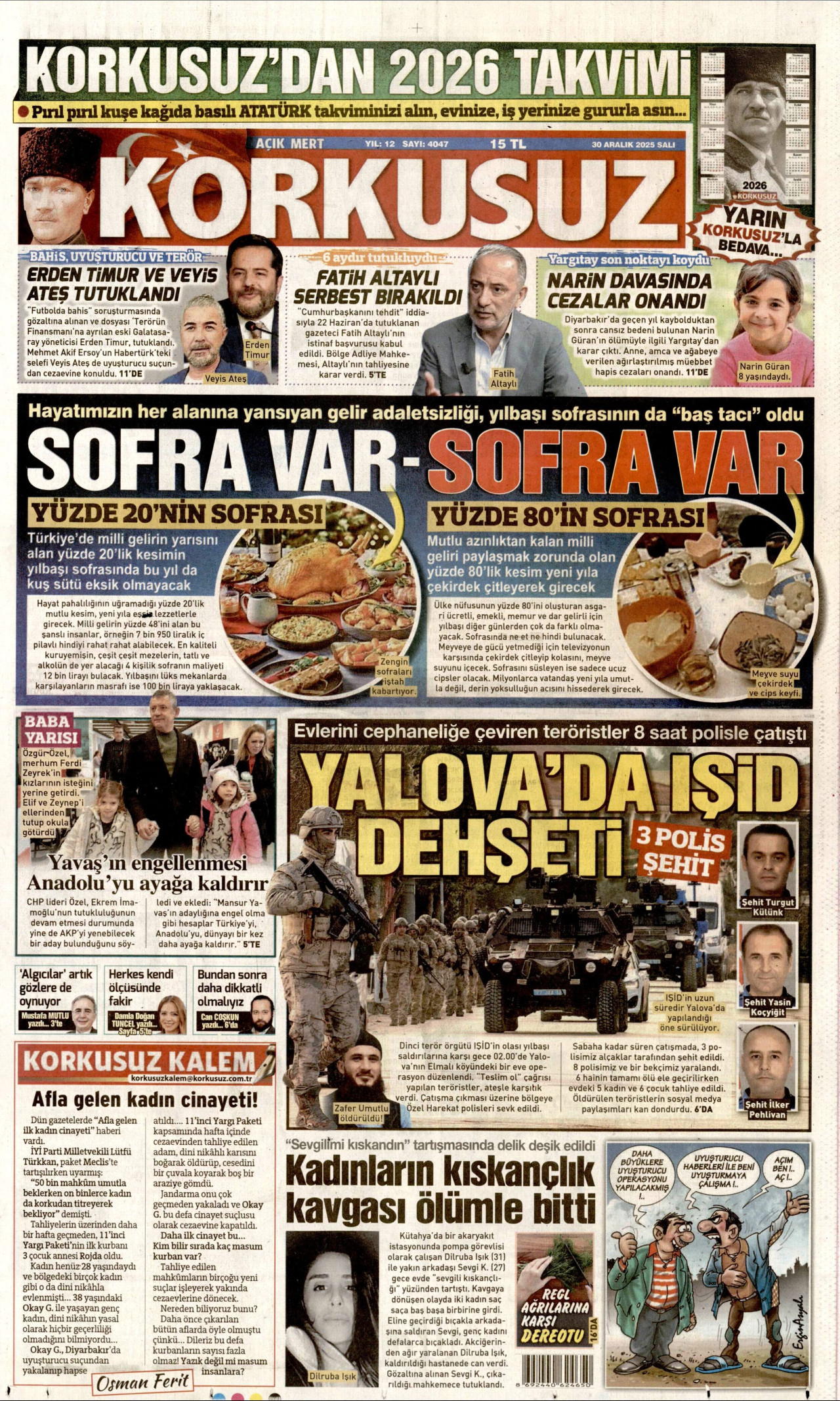 KORKUSUZ gazetesinin 30 Aralık 2025 tarihli birinci sayfası
