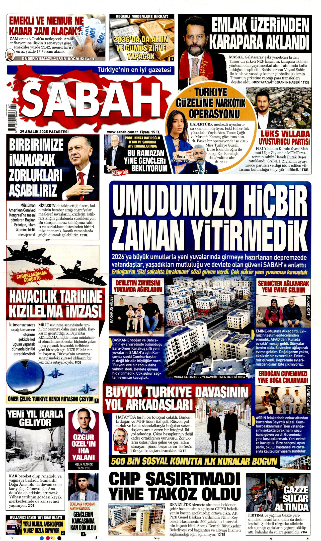 SABAH gazetesinin 29 Aralık 2025 tarihli birinci sayfası