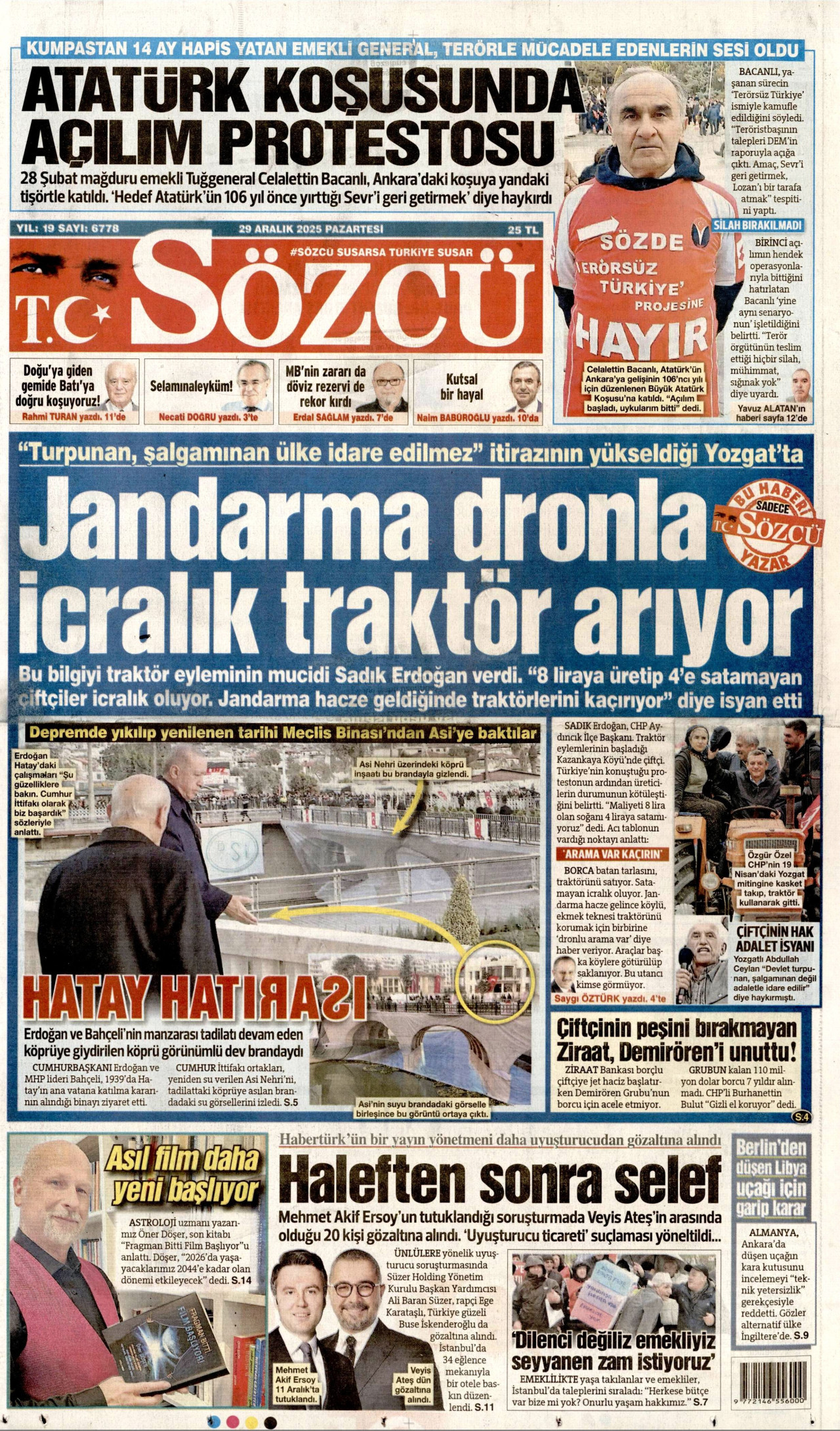 SÖZCÜ gazetesinin 29 Aralık 2025 tarihli birinci sayfası
