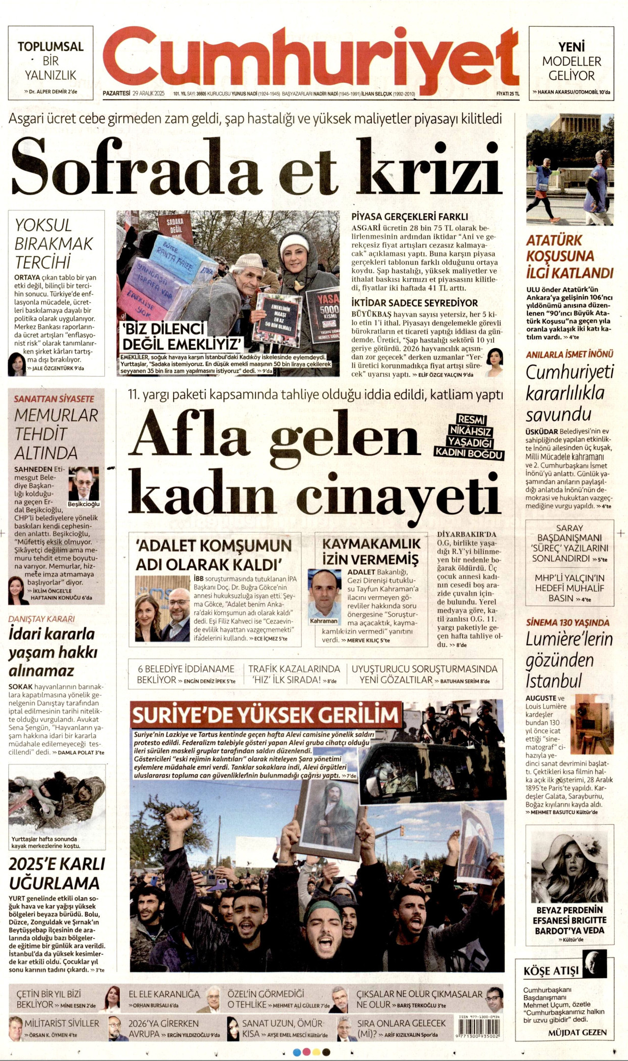 CUMHURİYET gazetesinin 29 Aralık 2025 tarihli birinci sayfası
