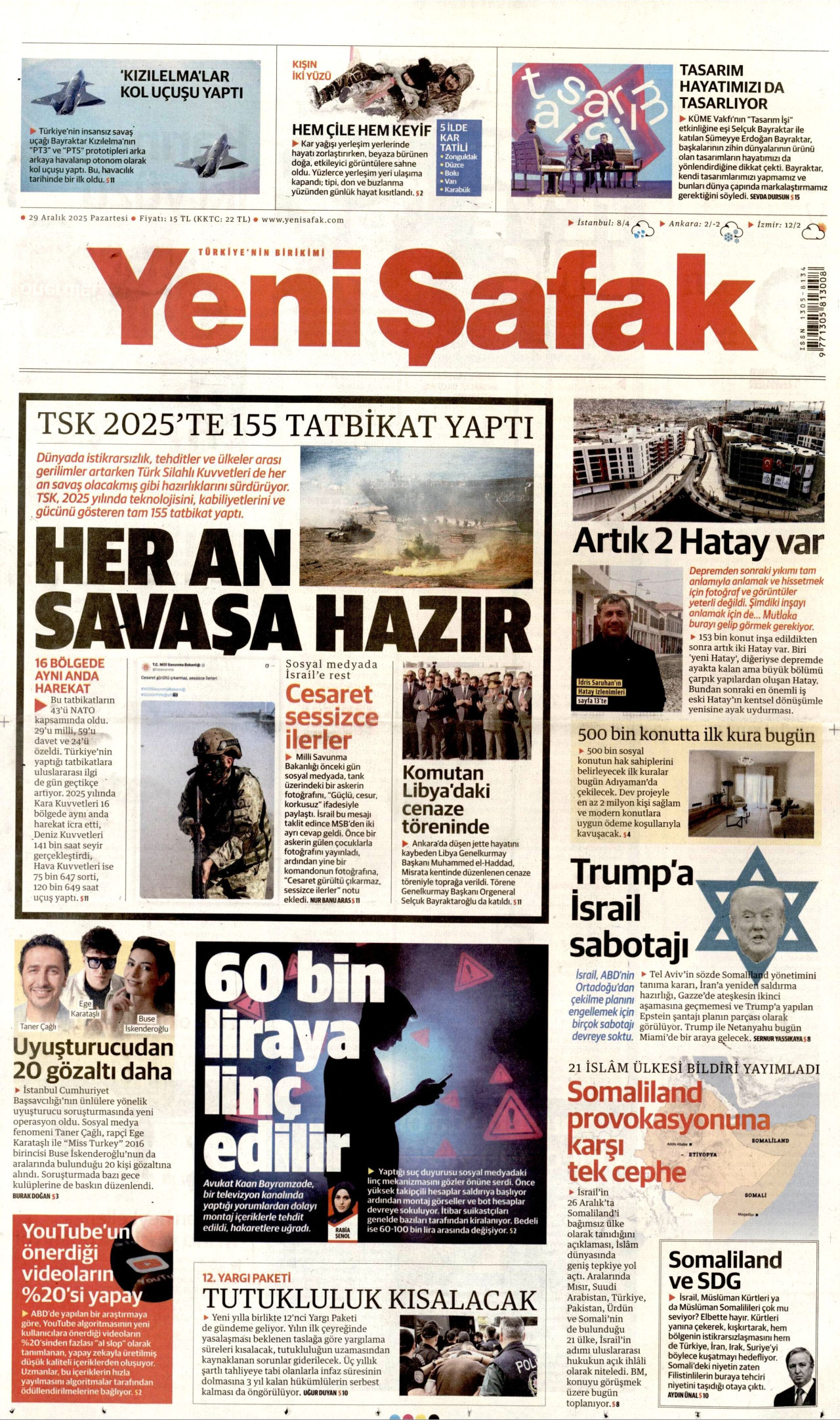 YENİ ŞAFAK gazetesinin 29 Aralık 2025 tarihli birinci sayfası