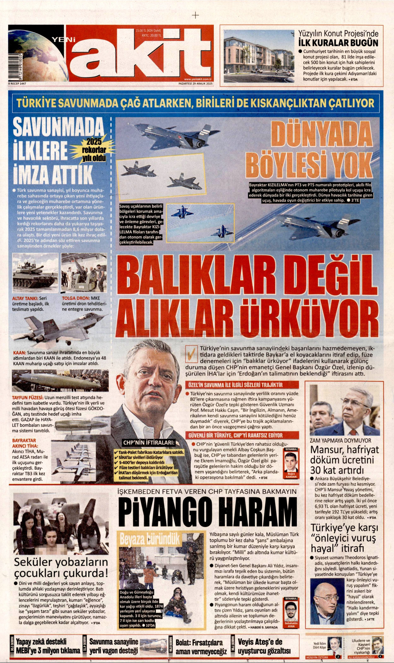 YENİ AKİT gazetesinin 29 Aralık 2025 tarihli birinci sayfası