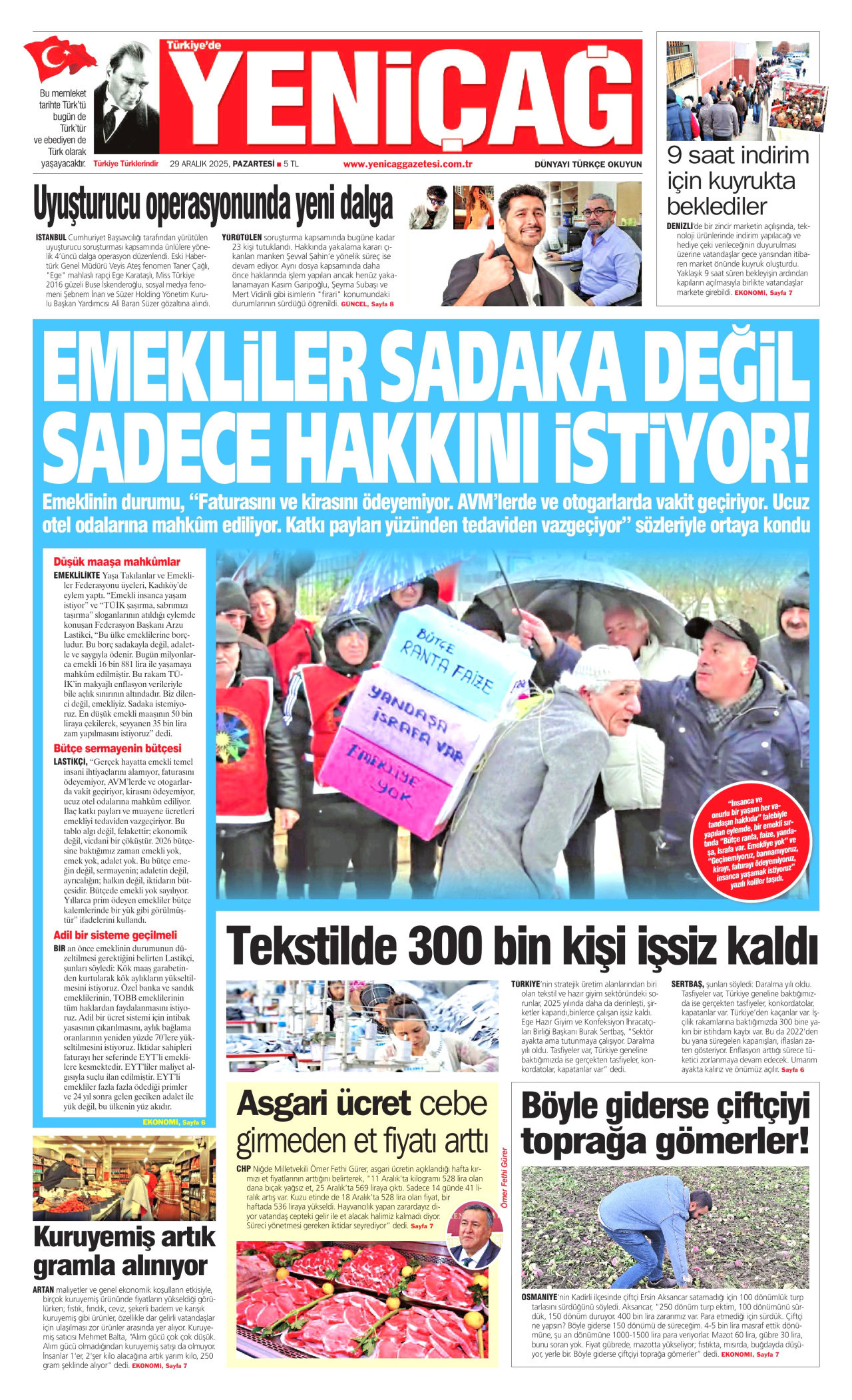 YENİÇAĞ gazetesinin 29 Aralık 2025 tarihli birinci sayfası