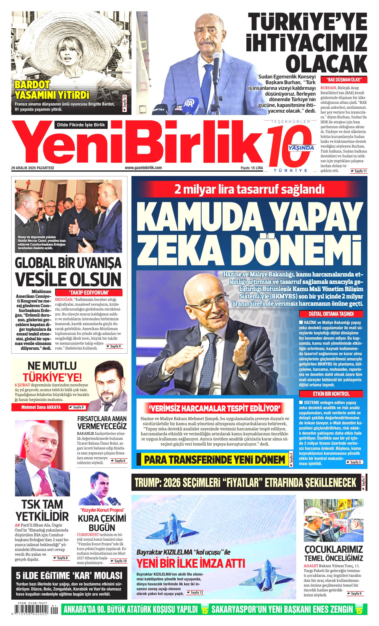 YENİBİRLİK gazetesinin 29 Aralık 2025 tarihli birinci sayfası