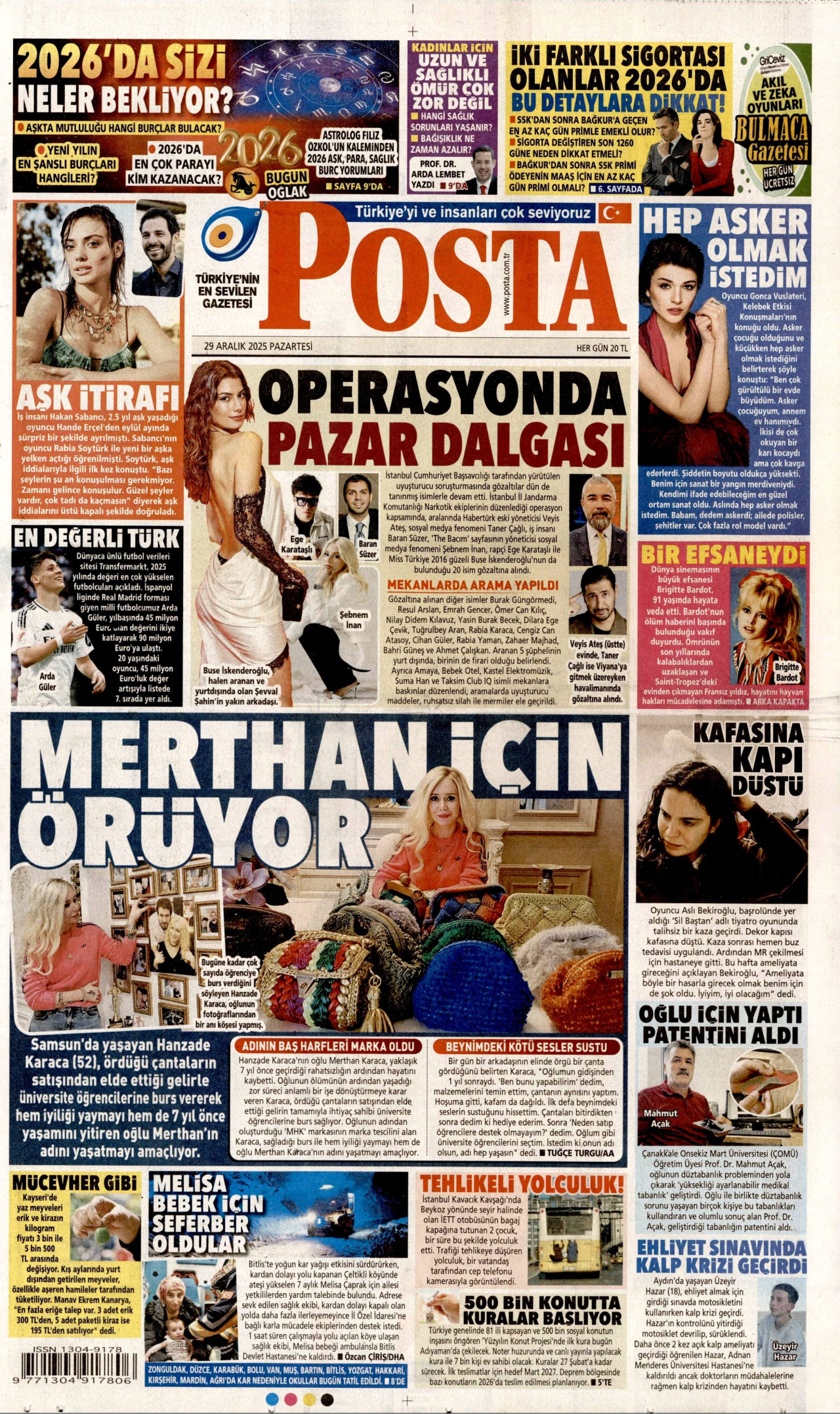 POSTA gazetesinin 29 Aralık 2025 tarihli birinci sayfası