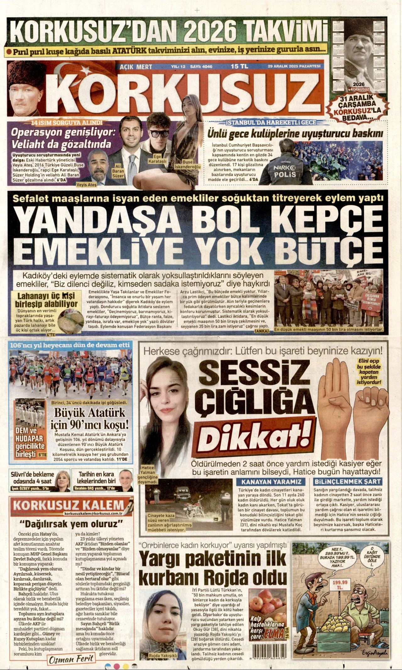 KORKUSUZ gazetesinin 29 Aralık 2025 tarihli birinci sayfası