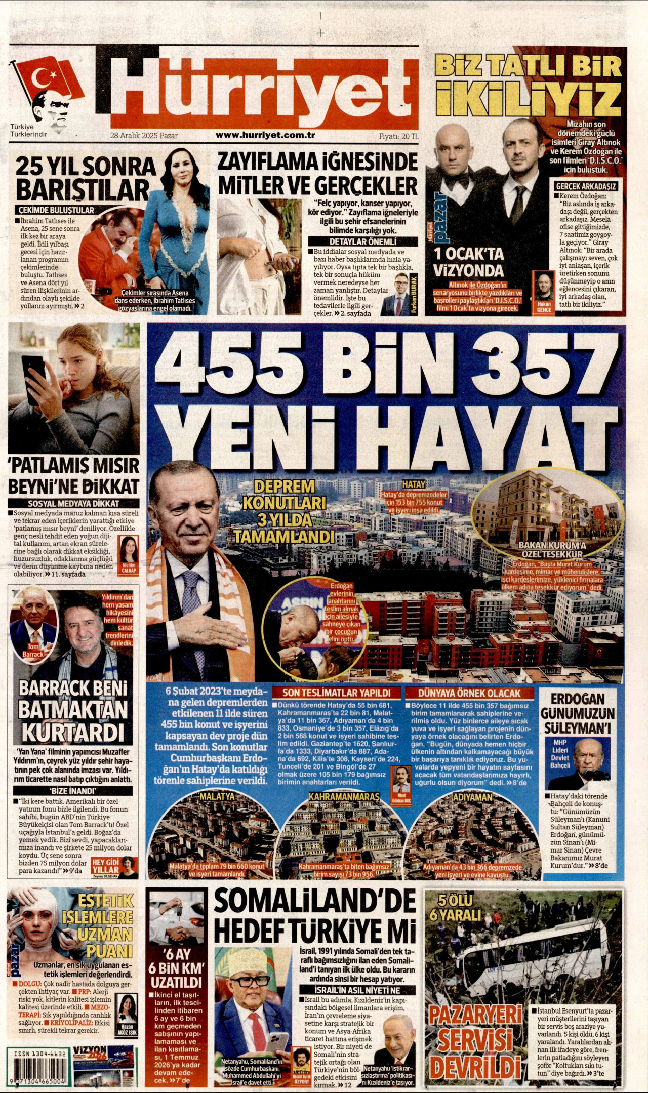 HÜRRİYET gazetesinin 28 Aralık 2025 tarihli birinci sayfası