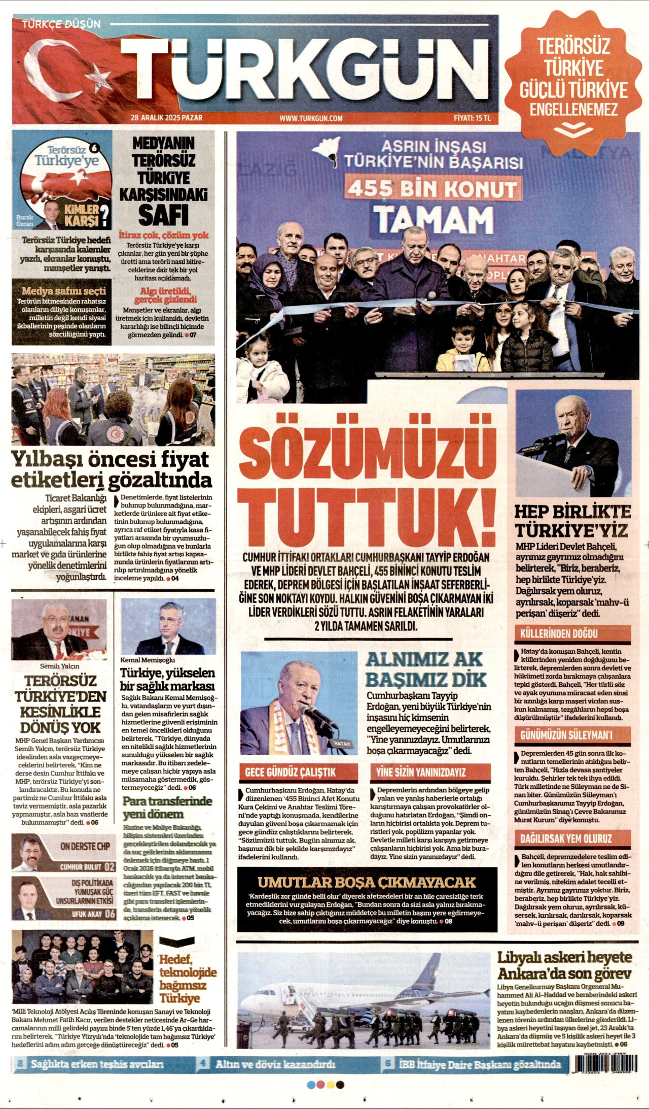 TÜRKGÜN gazetesinin 28 Aralık 2025 tarihli birinci sayfası