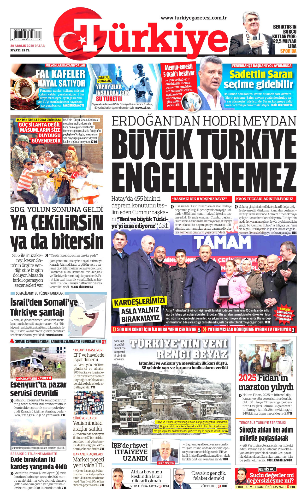 TÜRKİYE GAZETESİ gazetesinin 28 Aralık 2025 tarihli birinci sayfası