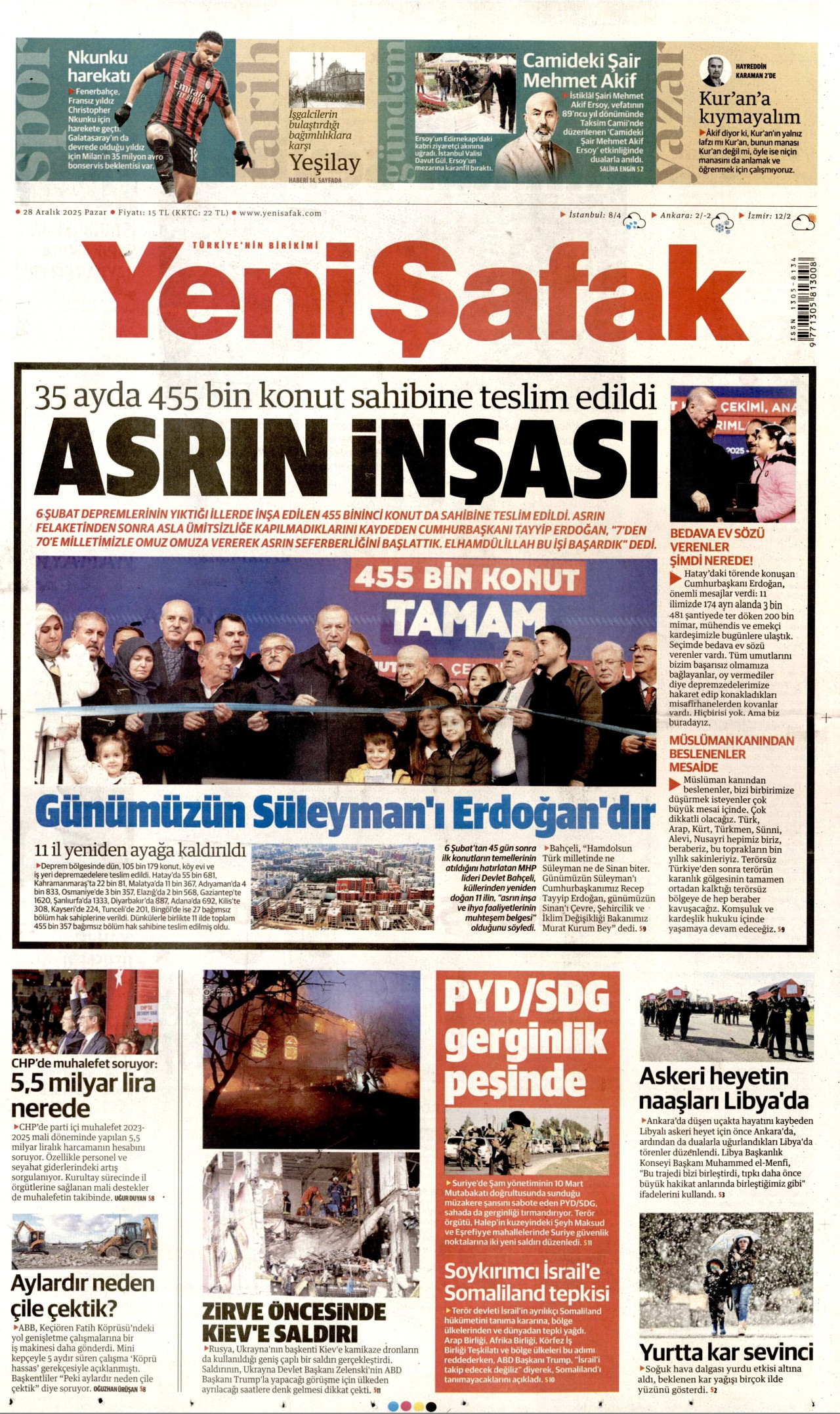 YENİ ŞAFAK gazetesinin 28 Aralık 2025 tarihli birinci sayfası