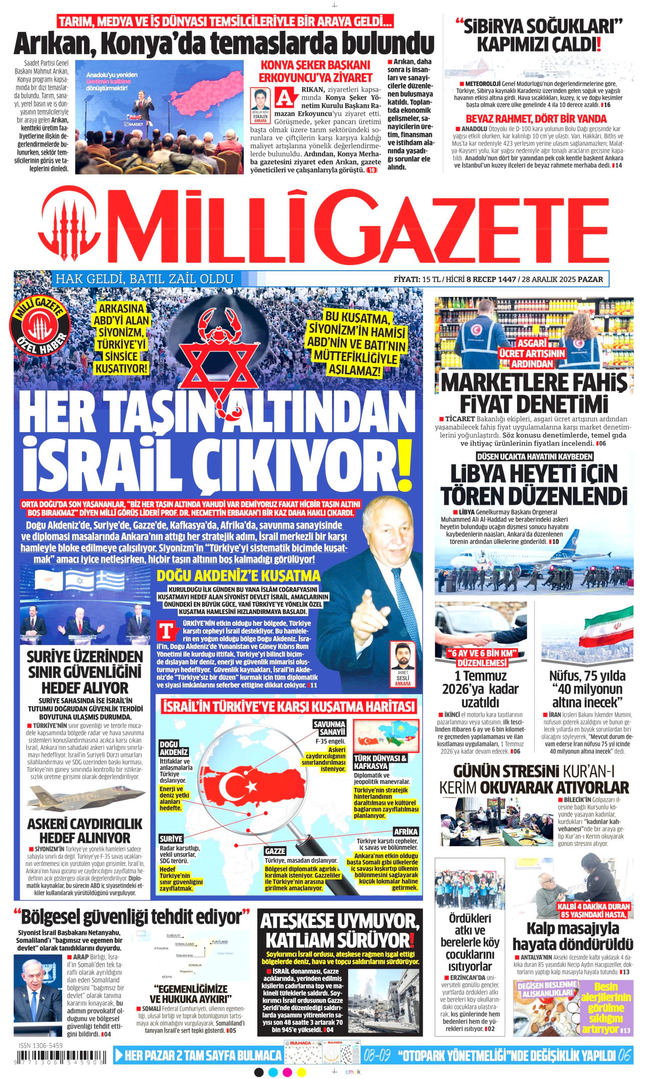 MİLLİ GAZETE gazetesinin 28 Aralık 2025 tarihli birinci sayfası