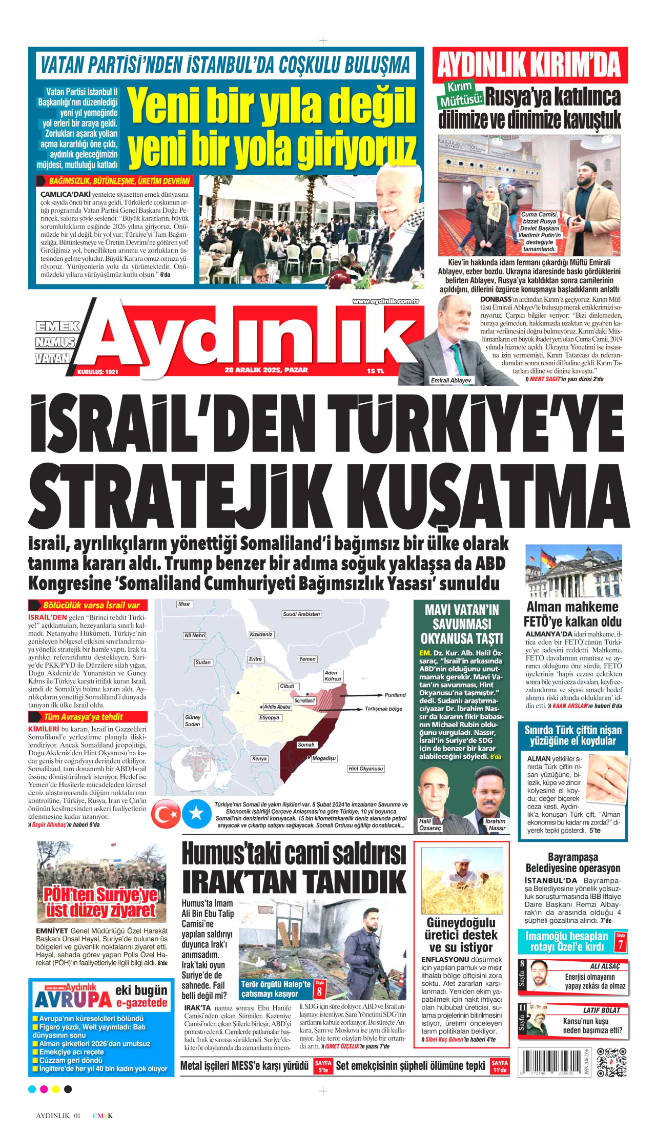 AYDINLIK GAZETESİ gazetesinin 28 Aralık 2025 tarihli birinci sayfası