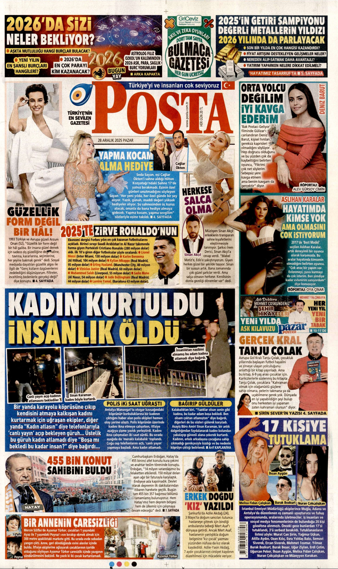 POSTA gazetesinin 28 Aralık 2025 tarihli birinci sayfası