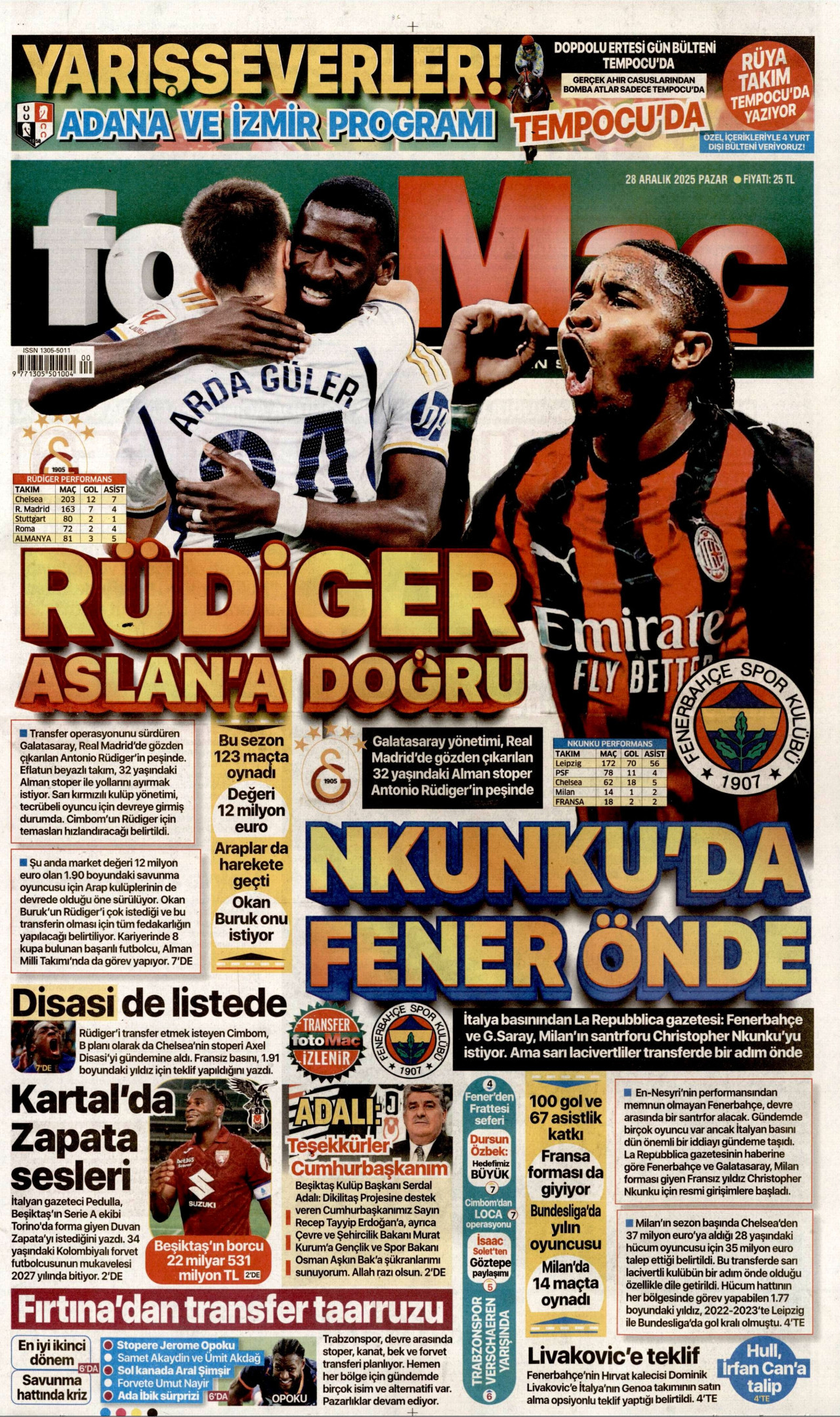 FOTOMAÇ gazetesinin 28 Aralık 2025 tarihli birinci sayfası