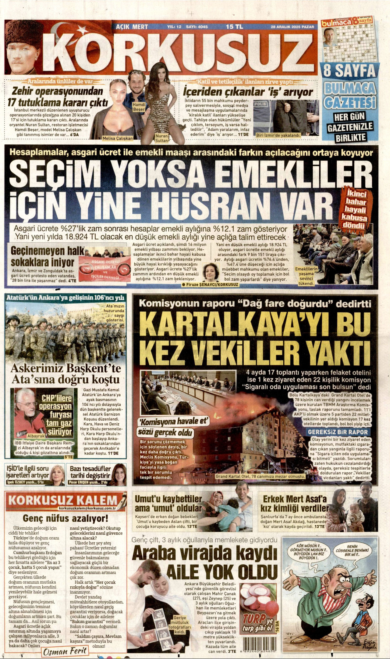 KORKUSUZ gazetesinin 28 Aralık 2025 tarihli birinci sayfası