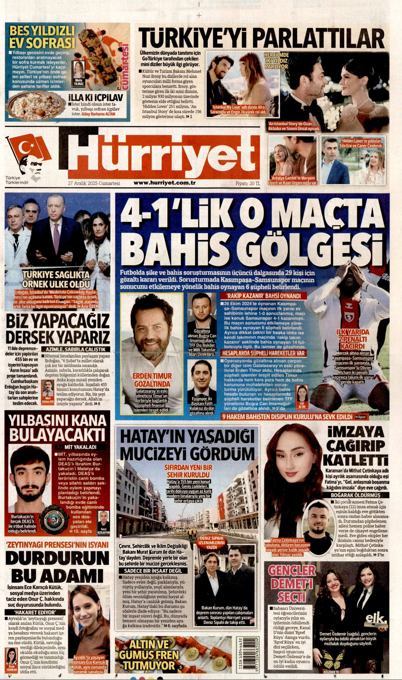 HÜRRİYET gazetesinin 27 Aralık 2025 tarihli birinci sayfası