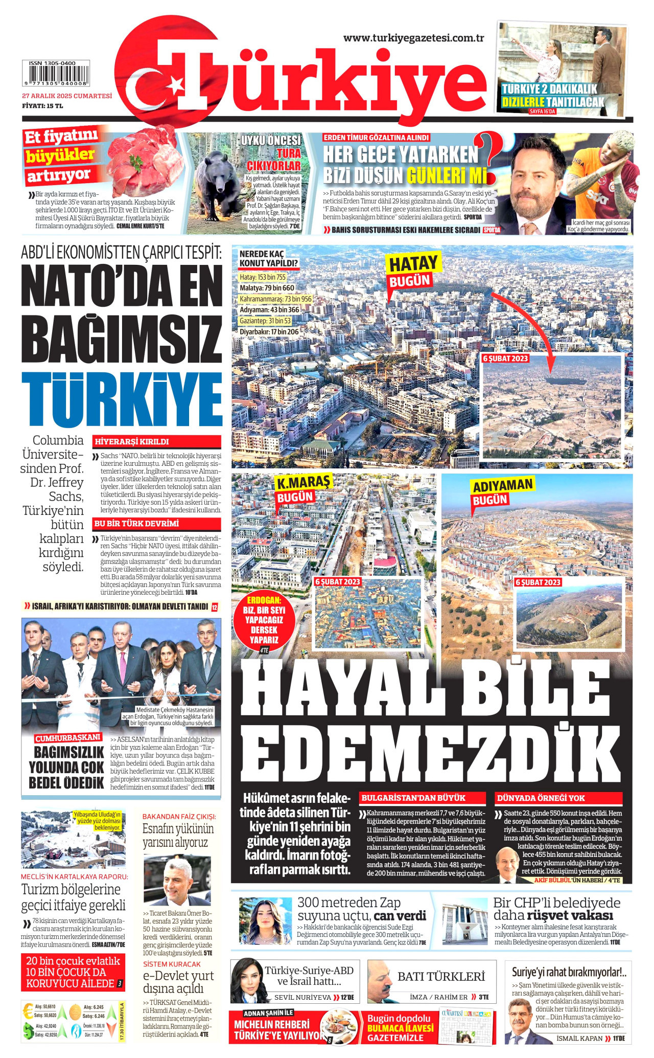 TÜRKİYE GAZETESİ gazetesinin 27 Aralık 2025 tarihli birinci sayfası
