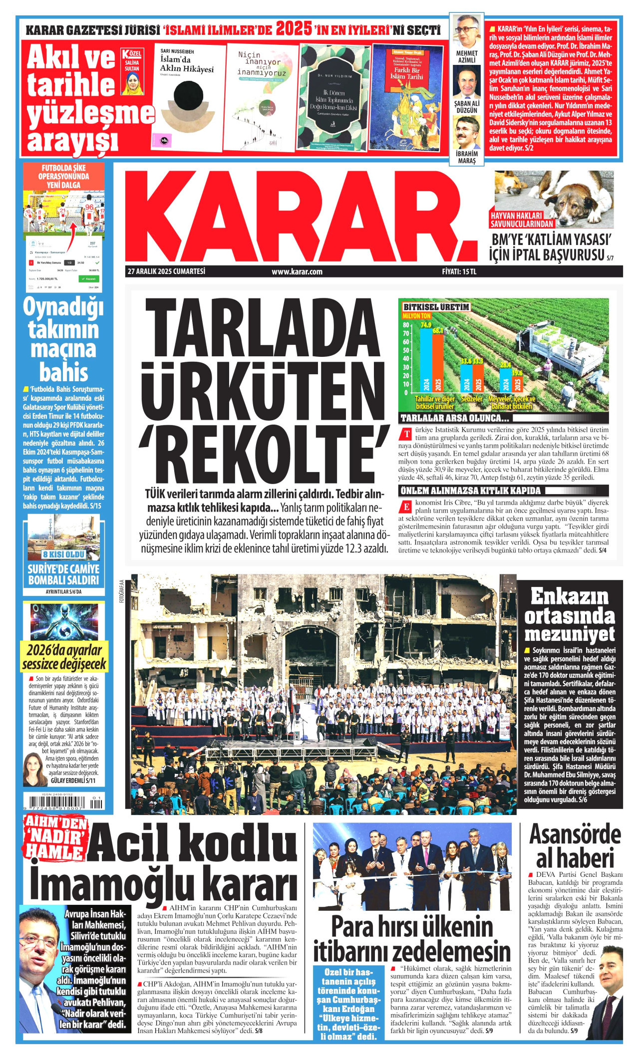KARAR gazetesinin 27 Aralık 2025 tarihli birinci sayfası