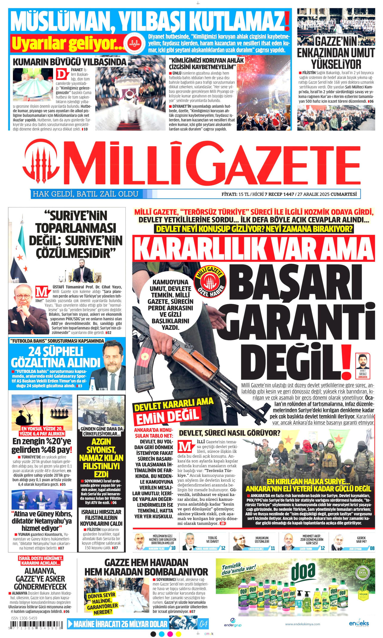 MİLLİ GAZETE gazetesinin 27 Aralık 2025 tarihli birinci sayfası