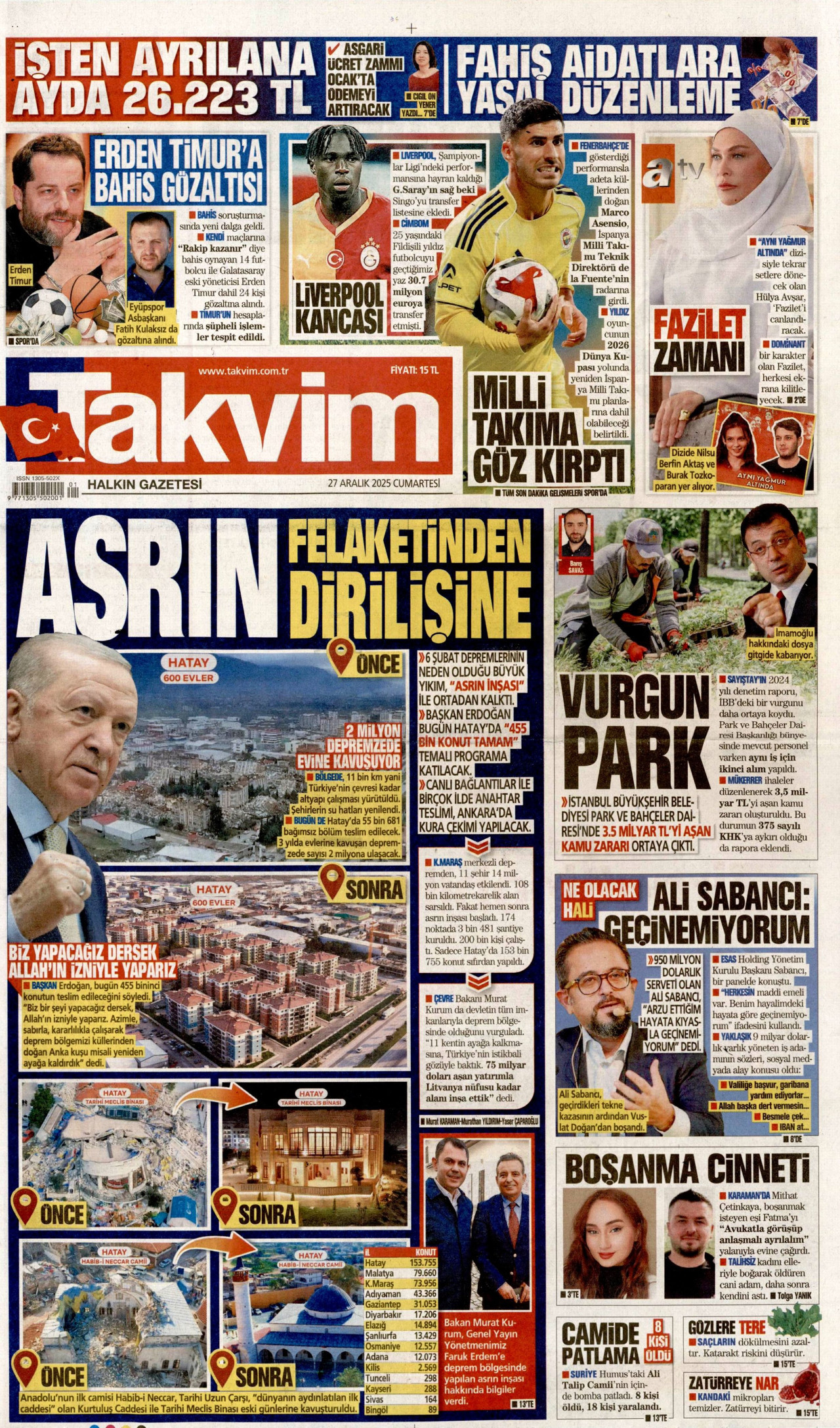 TAKVİM gazetesinin 27 Aralık 2025 tarihli birinci sayfası