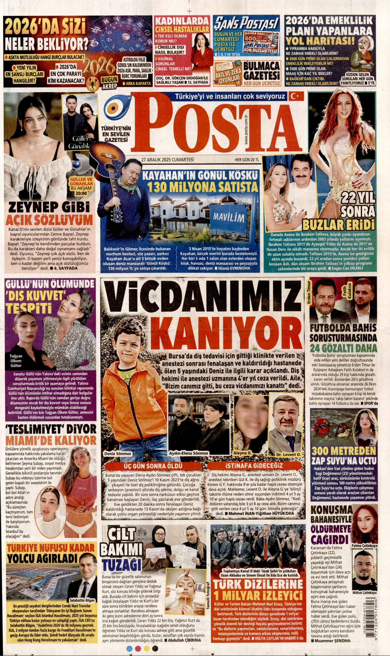 POSTA gazetesinin 27 Aralık 2025 tarihli birinci sayfası