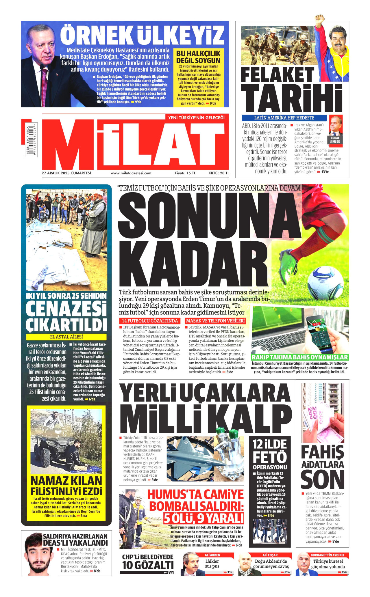 MİLAT gazetesinin 27 Aralık 2025 tarihli birinci sayfası