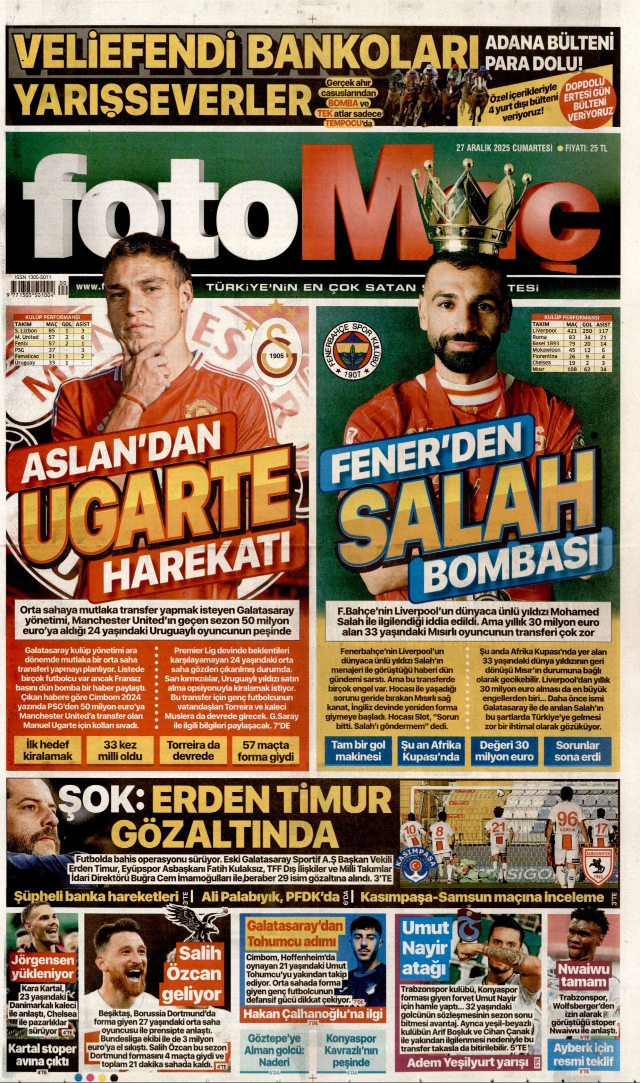 FOTOMAÇ gazetesinin 27 Aralık 2025 tarihli birinci sayfası