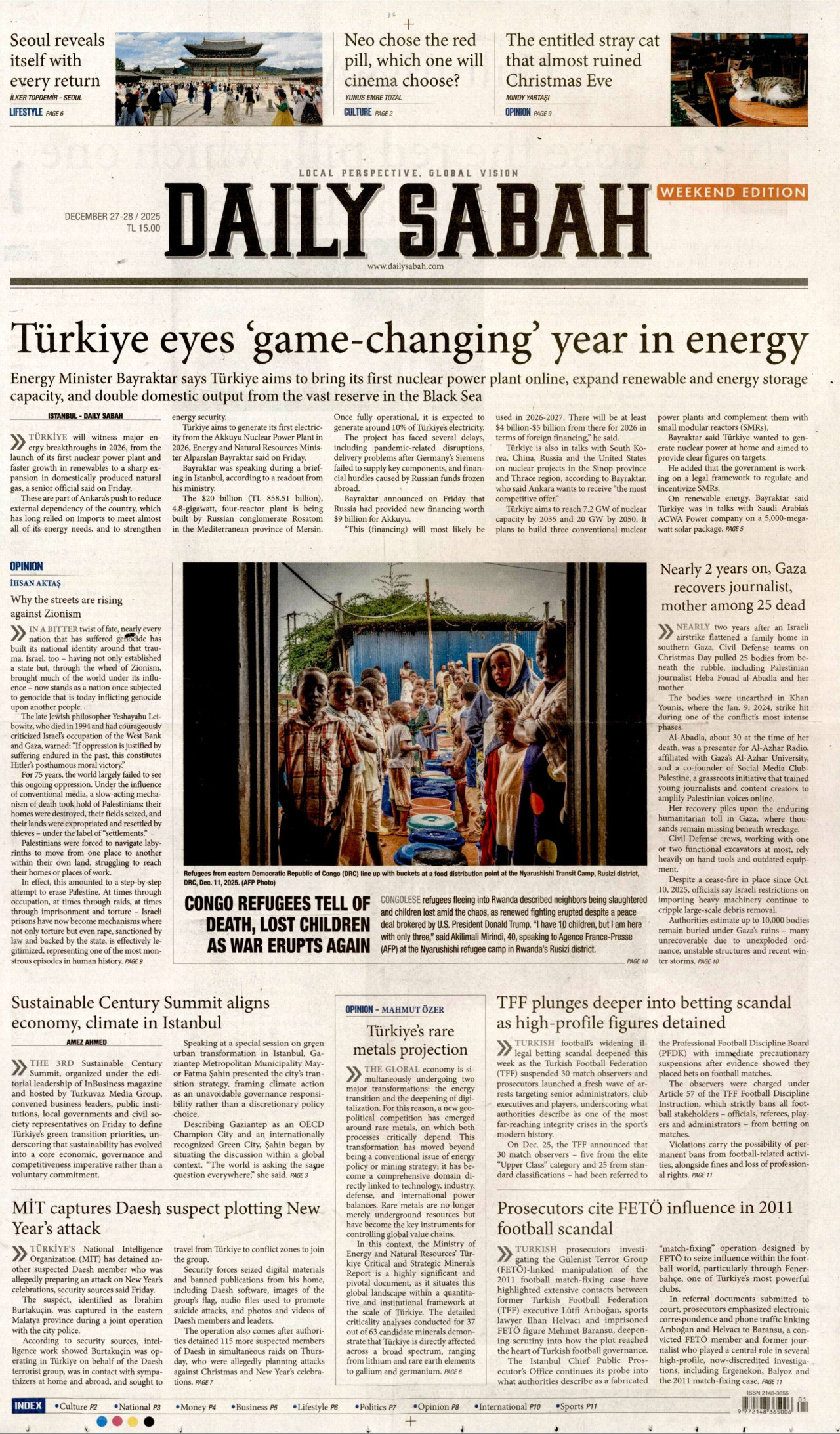 DAİLY SABAH gazetesinin 27 Aralık 2025 tarihli birinci sayfası