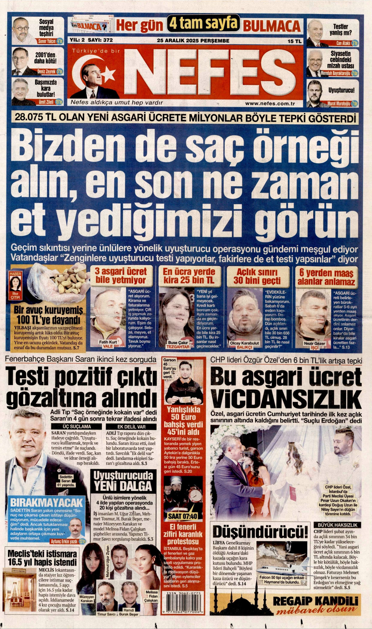 NEFES gazetesinin 25 Aralık 2025 tarihli birinci sayfası