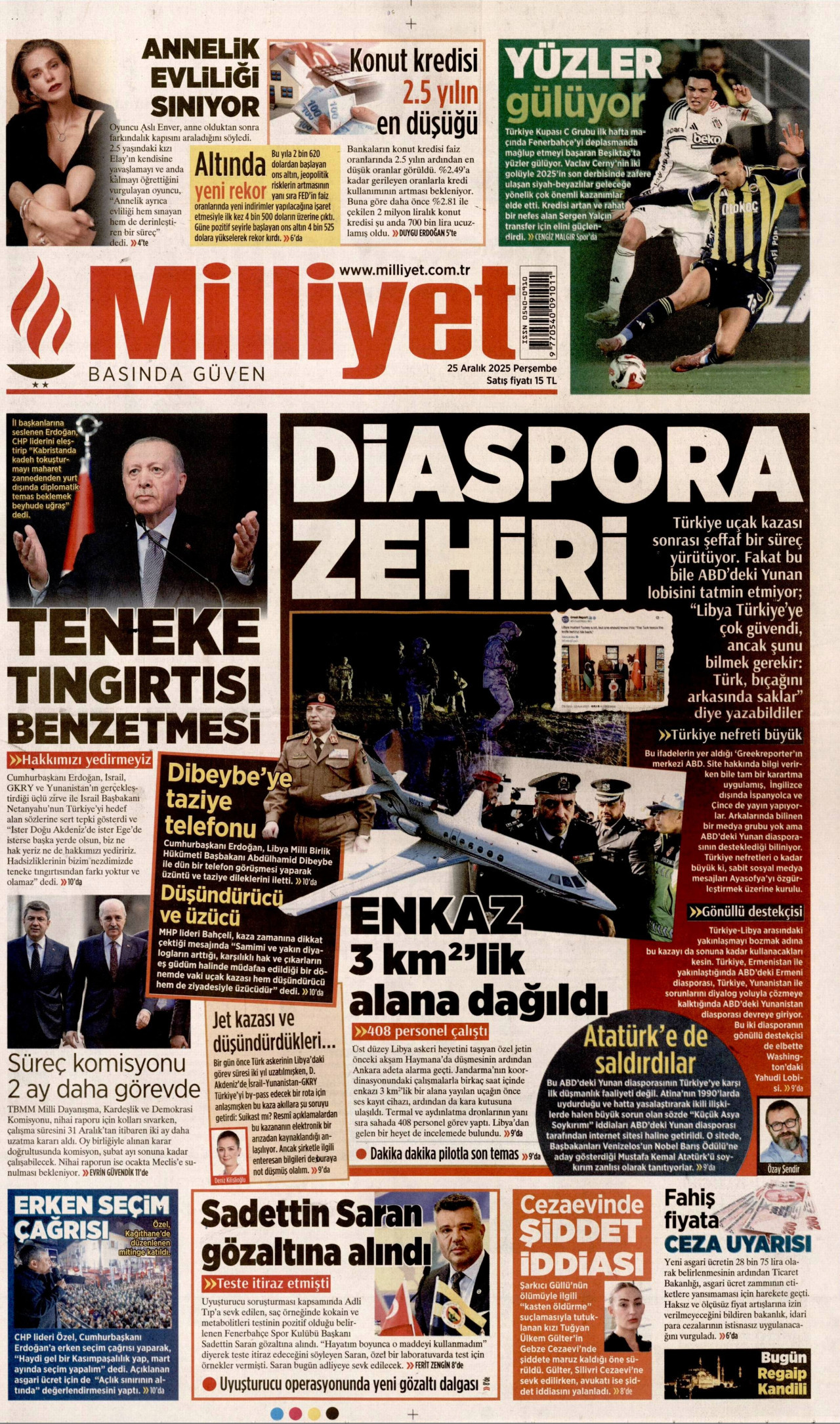 MİLLİYET gazetesinin 25 Aralık 2025 tarihli birinci sayfası