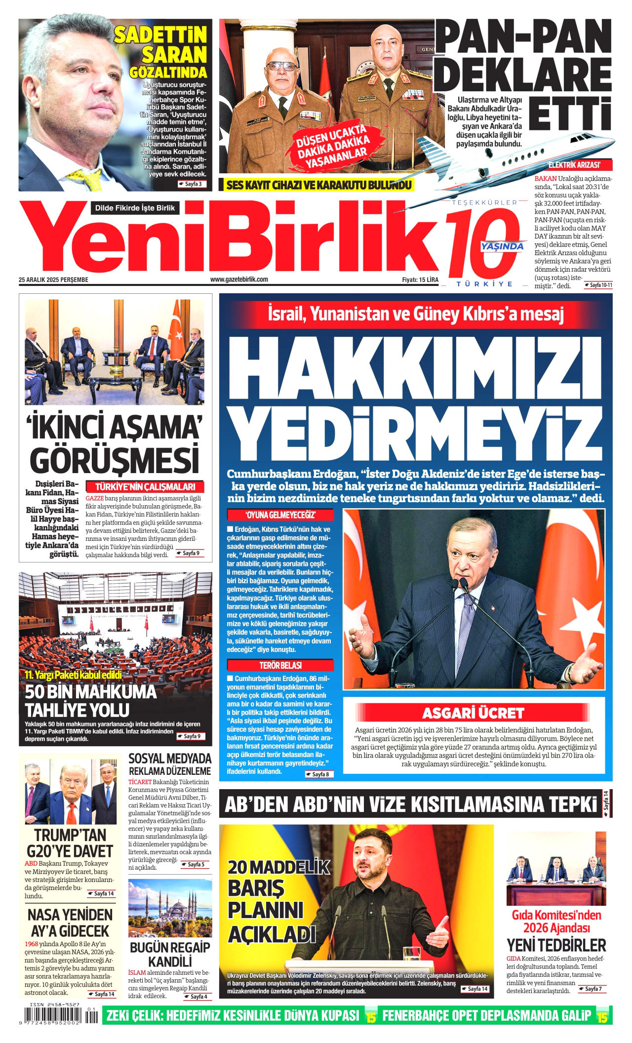 YENİBİRLİK gazetesinin 25 Aralık 2025 tarihli birinci sayfası