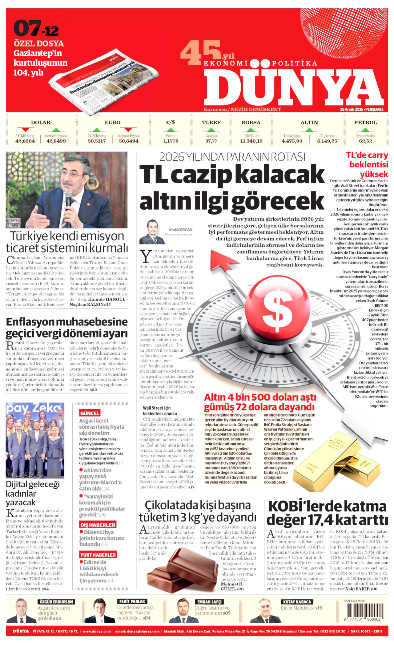 DÜNYA gazetesinin 25 Aralık 2025 tarihli birinci sayfası