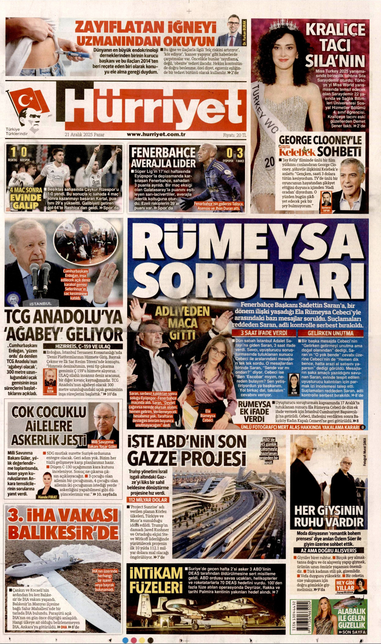 HÜRRİYET gazetesinin 21 Aralık 2025 tarihli birinci sayfası