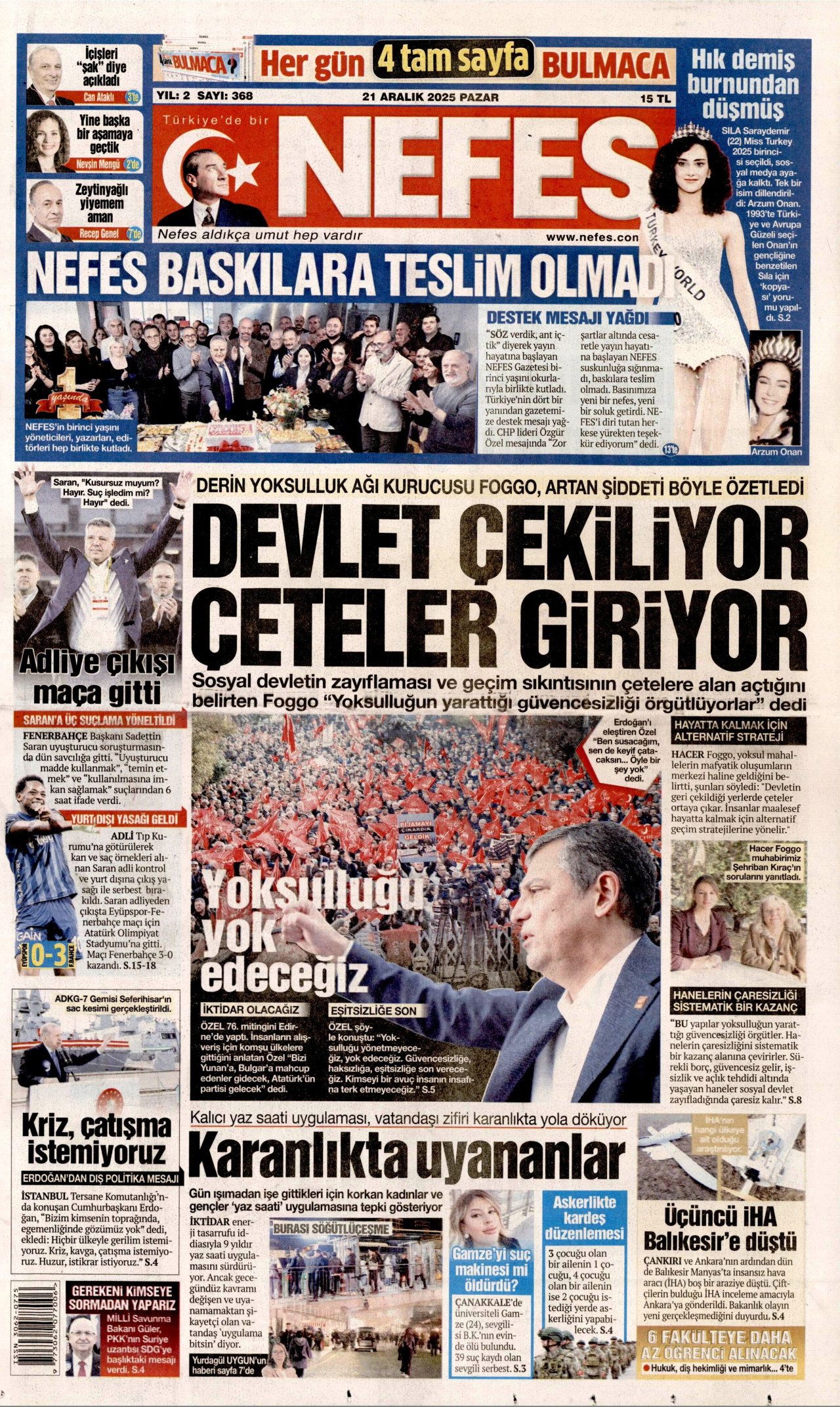 NEFES gazetesinin 21 Aralık 2025 tarihli birinci sayfası